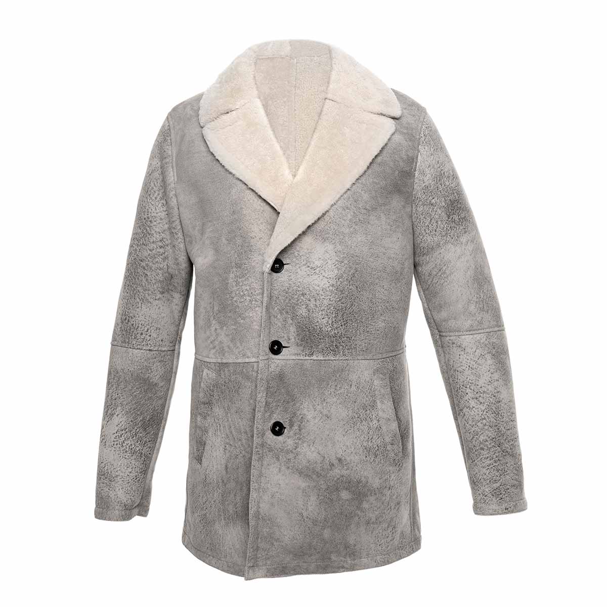 Double breasted men's jacket in gray sheepskin