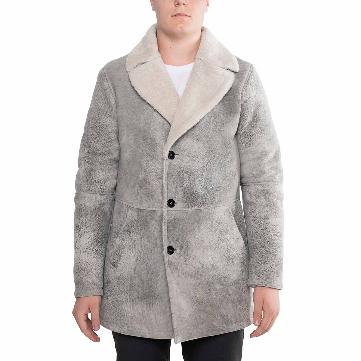 Double breasted men's jacket in gray sheepskin