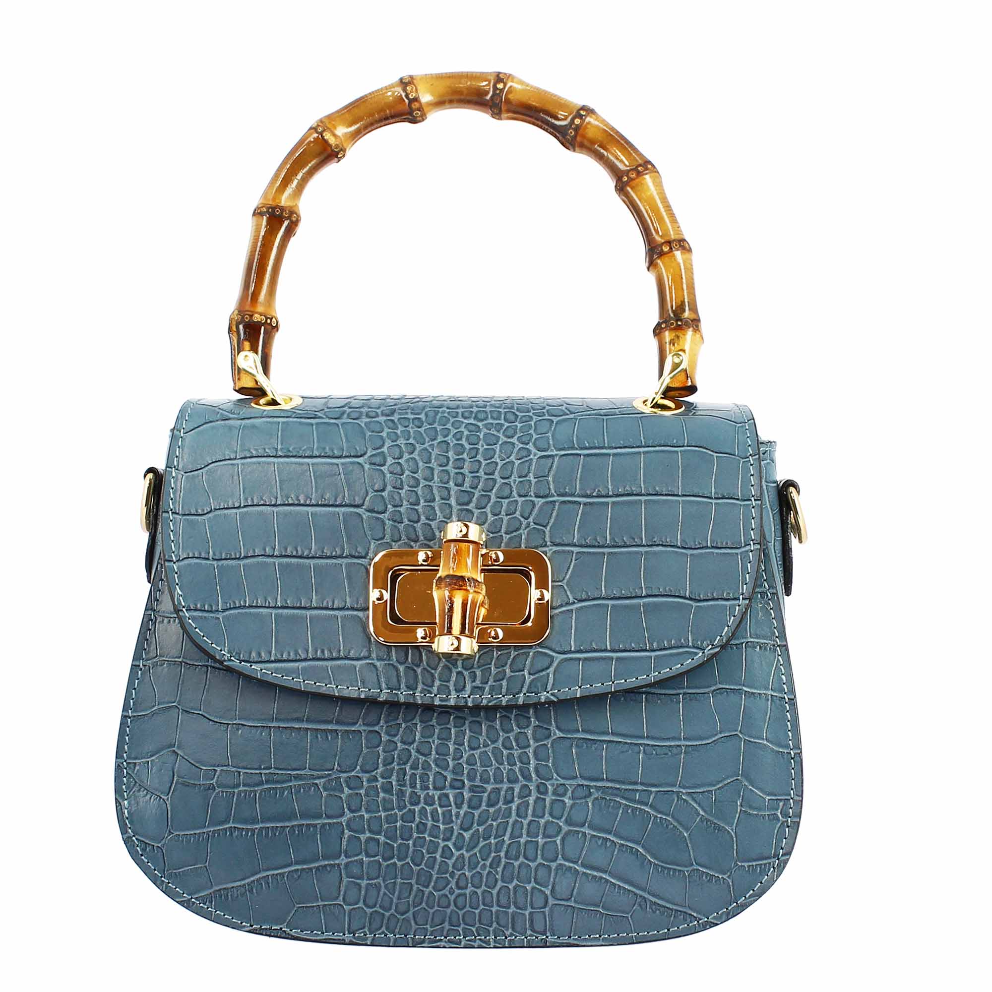 Handmade women's handbag in light blue leather with removable shoulder strap