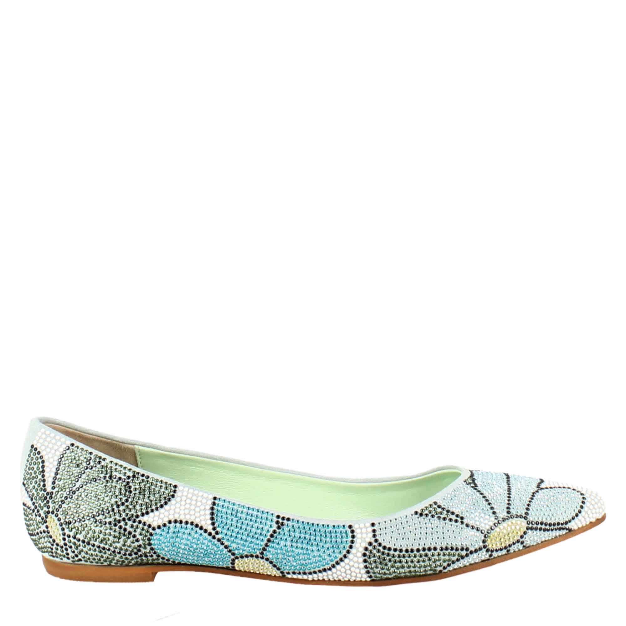 Light blue women's ballet flats in suede with rhinestones