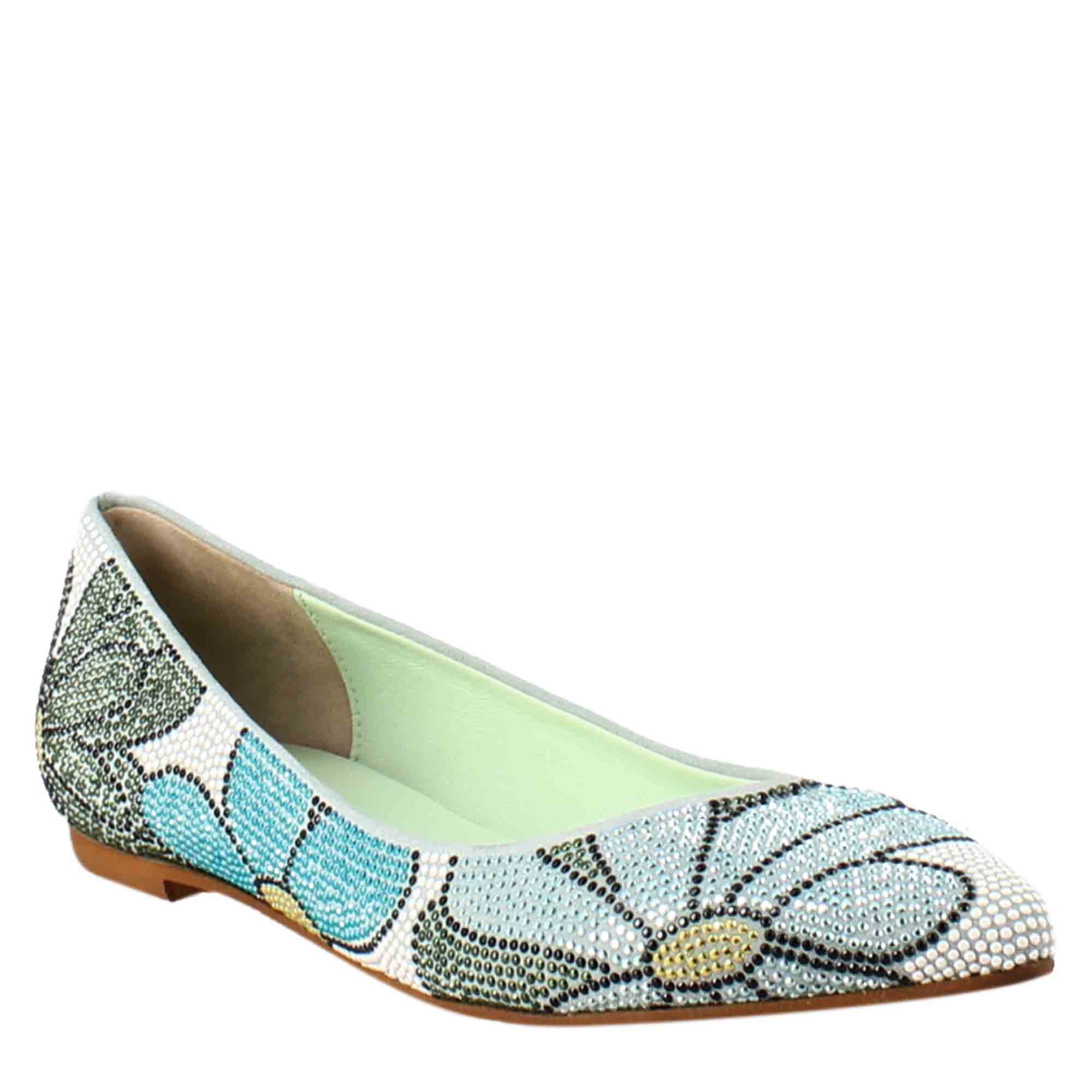 Light blue women's ballet flats in suede with rhinestones