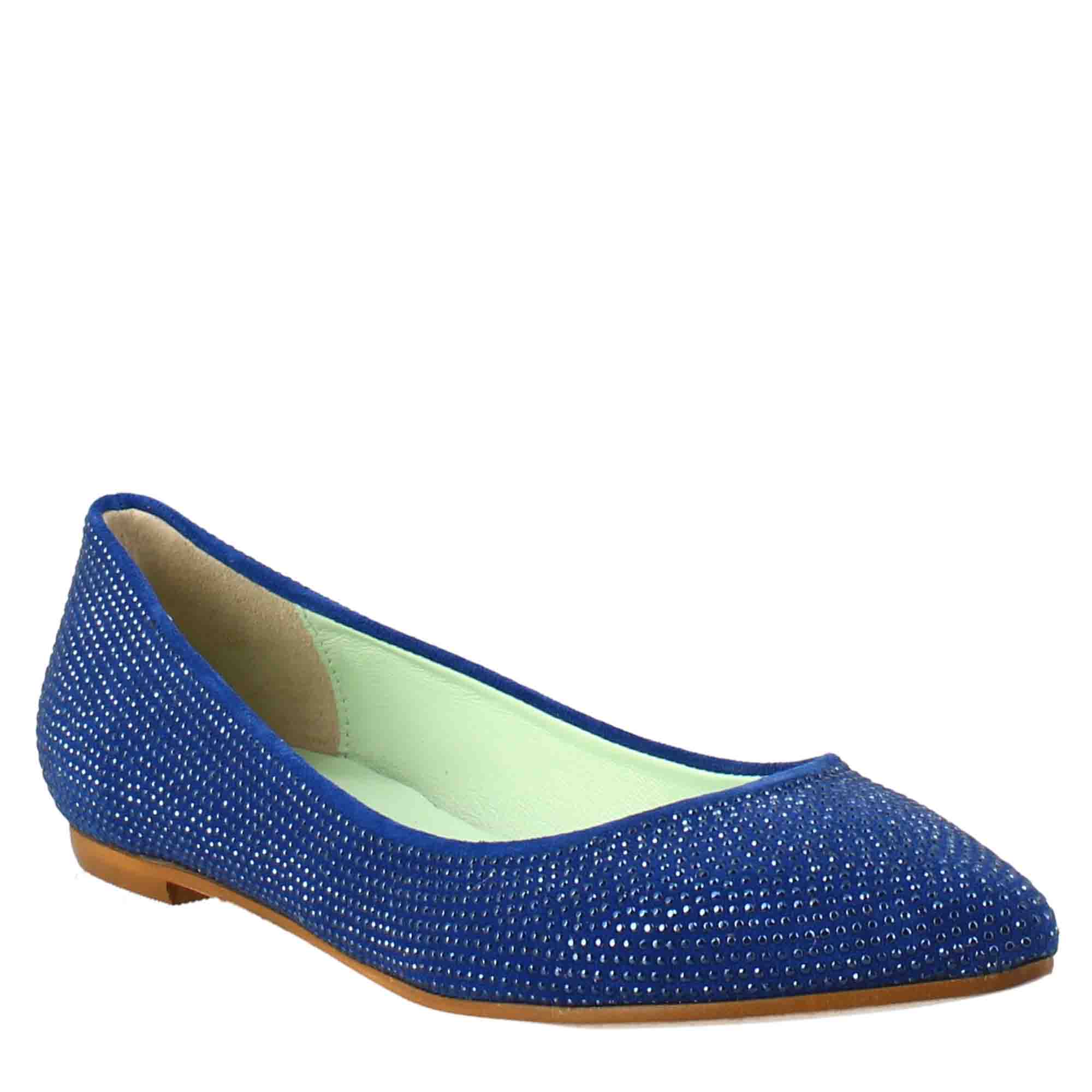 Ballerines femme bleu clair en daim avec strass