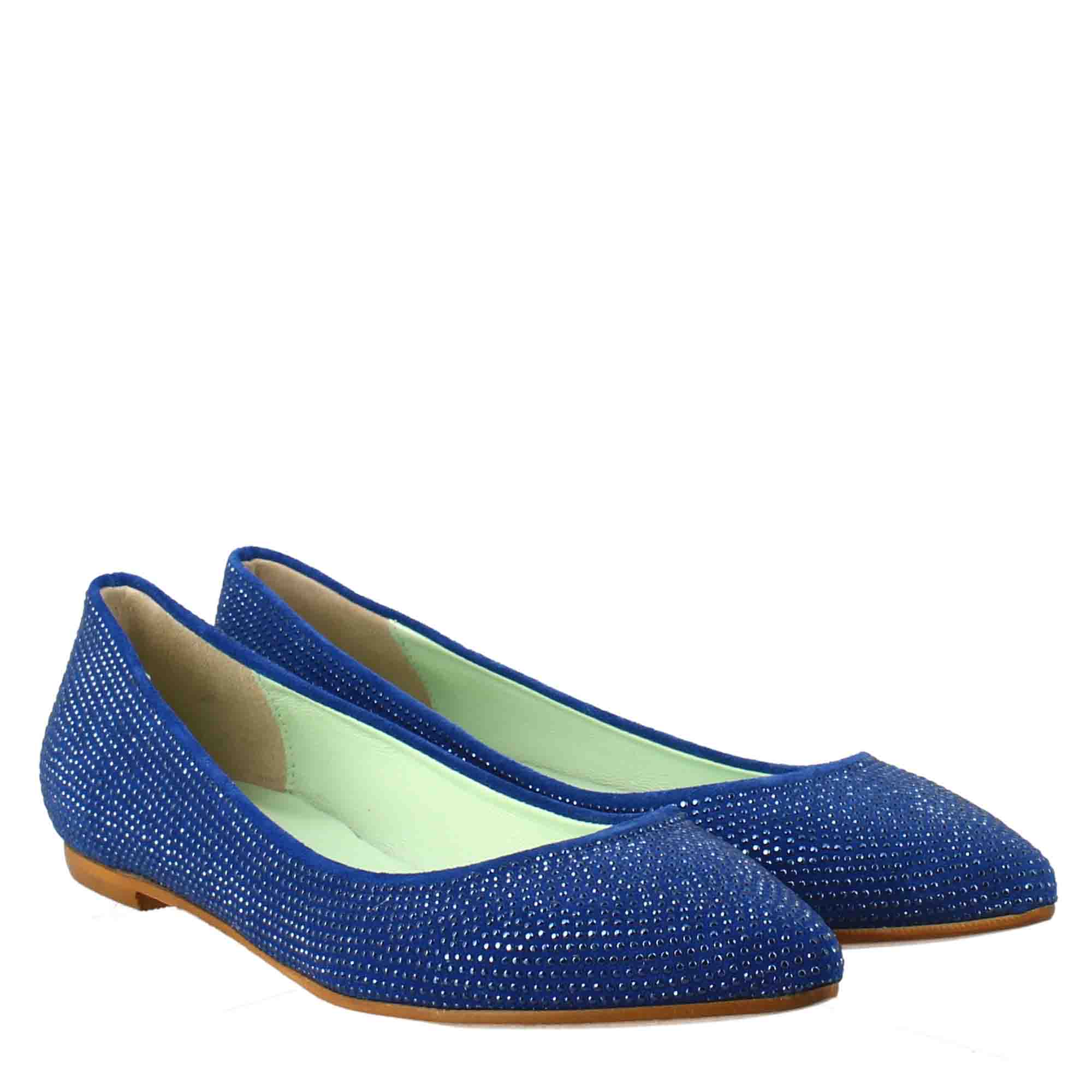 Ballerines femme bleu clair en daim avec strass