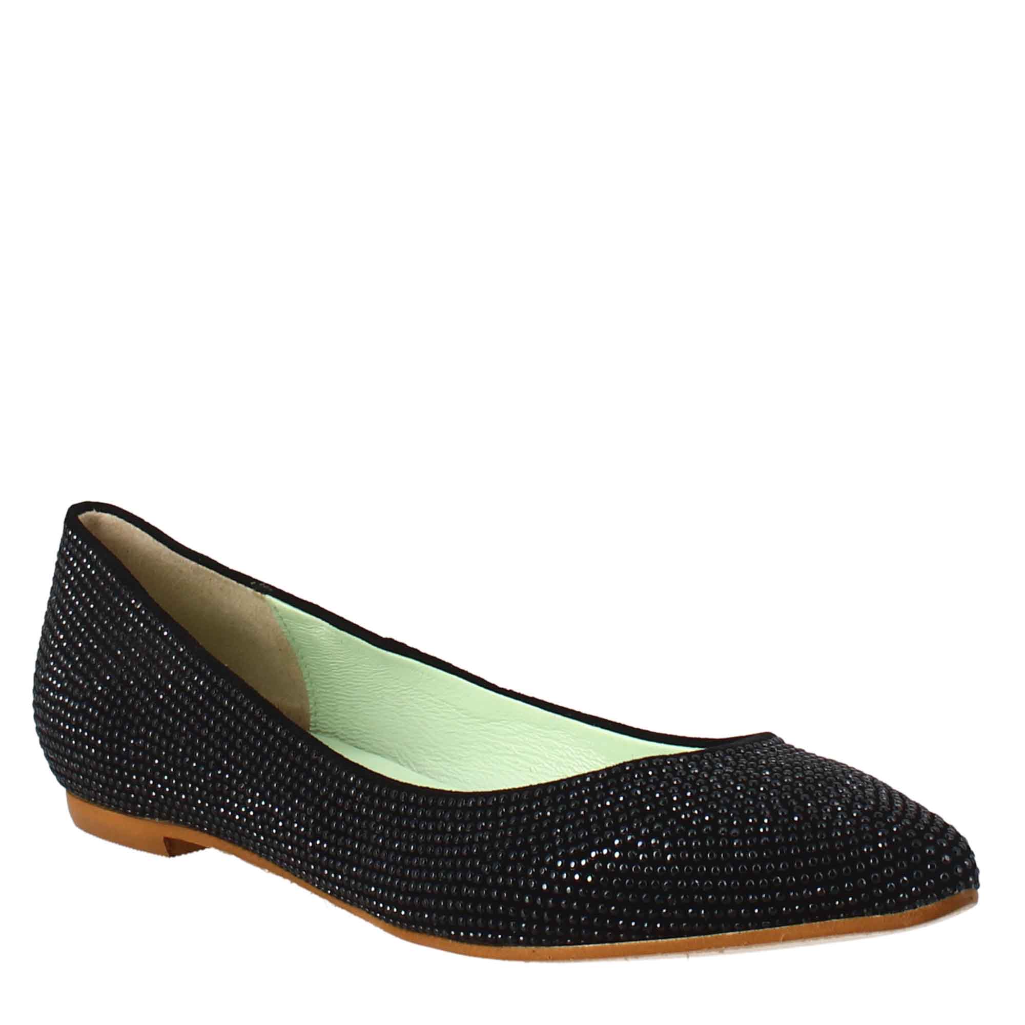 Women's black suede ballet flats with rhinestones