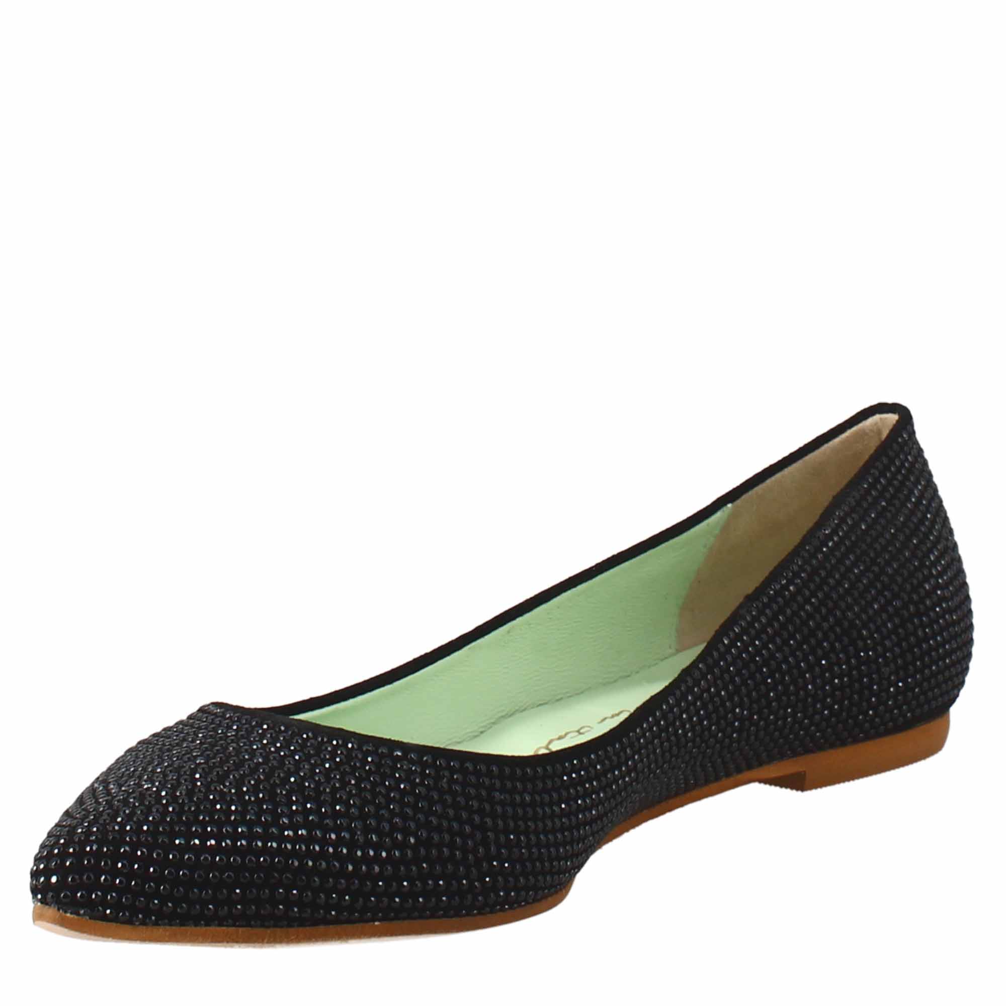 Women's black suede ballet flats with rhinestones