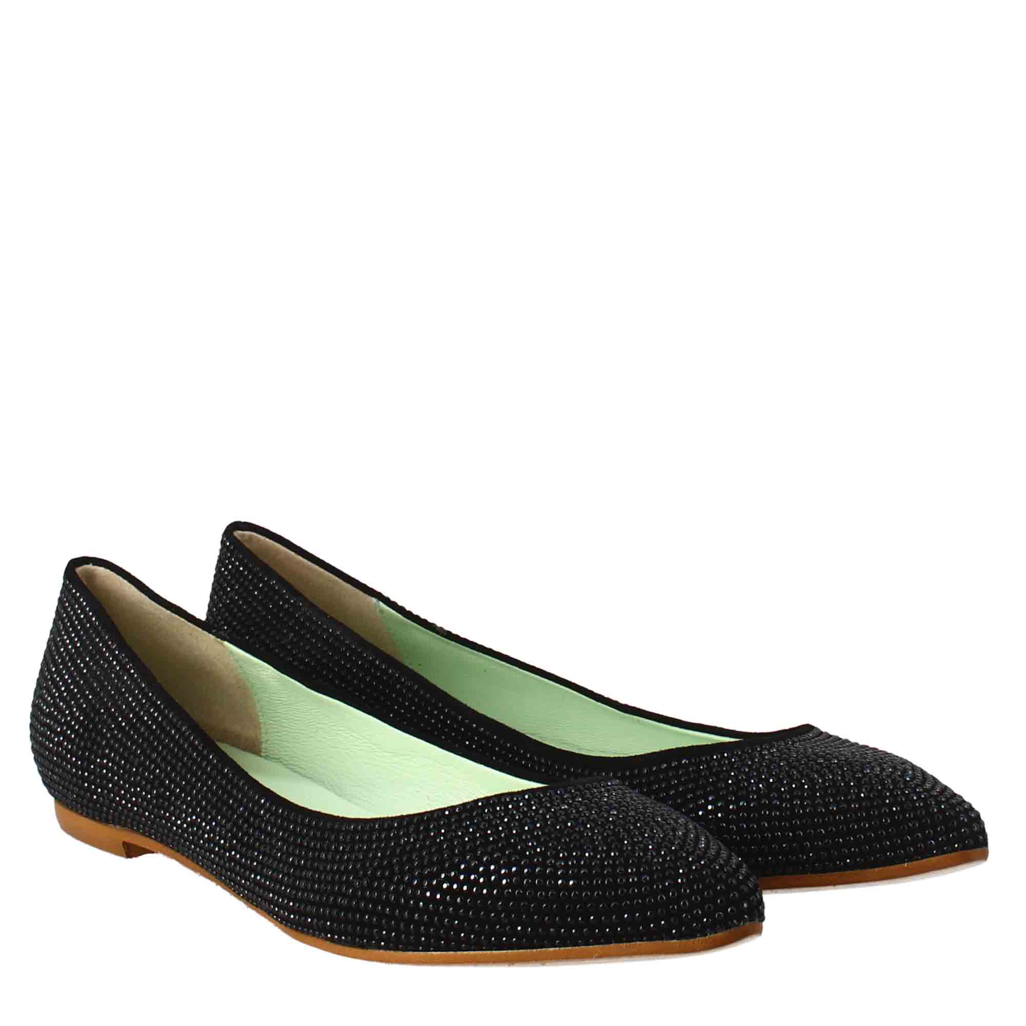 Women's black suede ballet flats with rhinestones