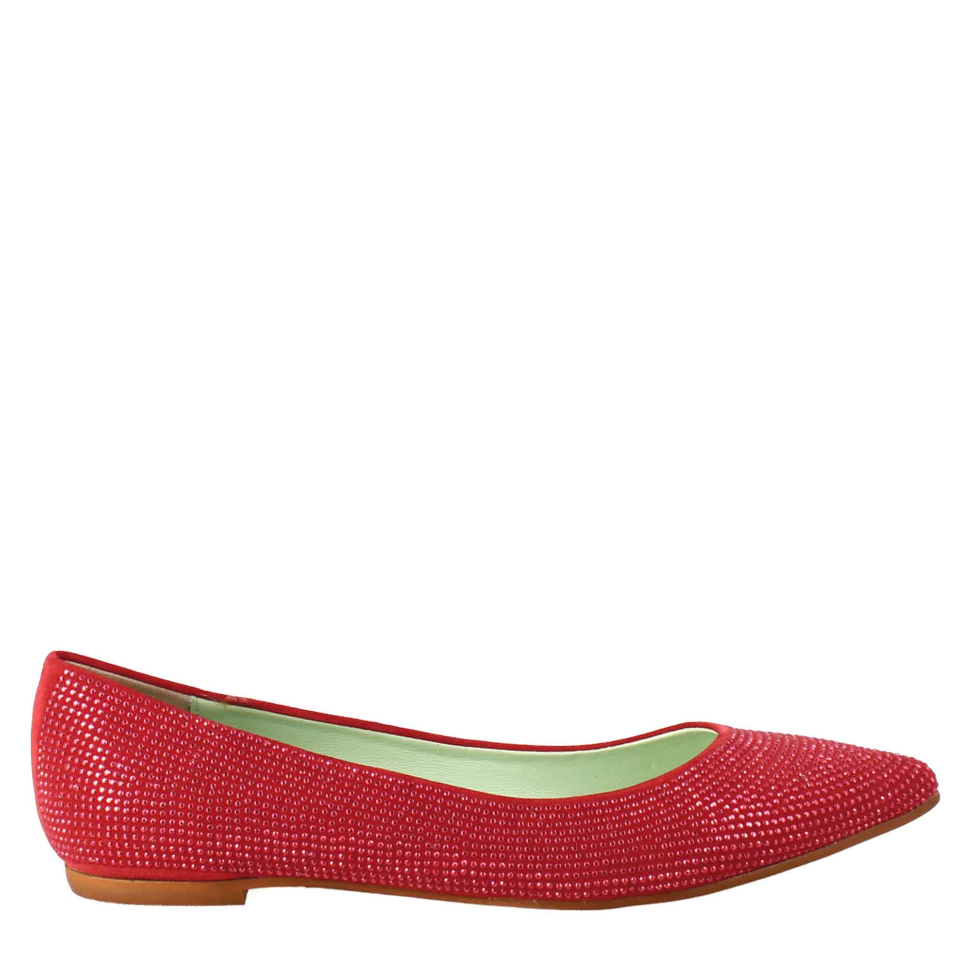 Women's red suede ballet flats with rhinestones