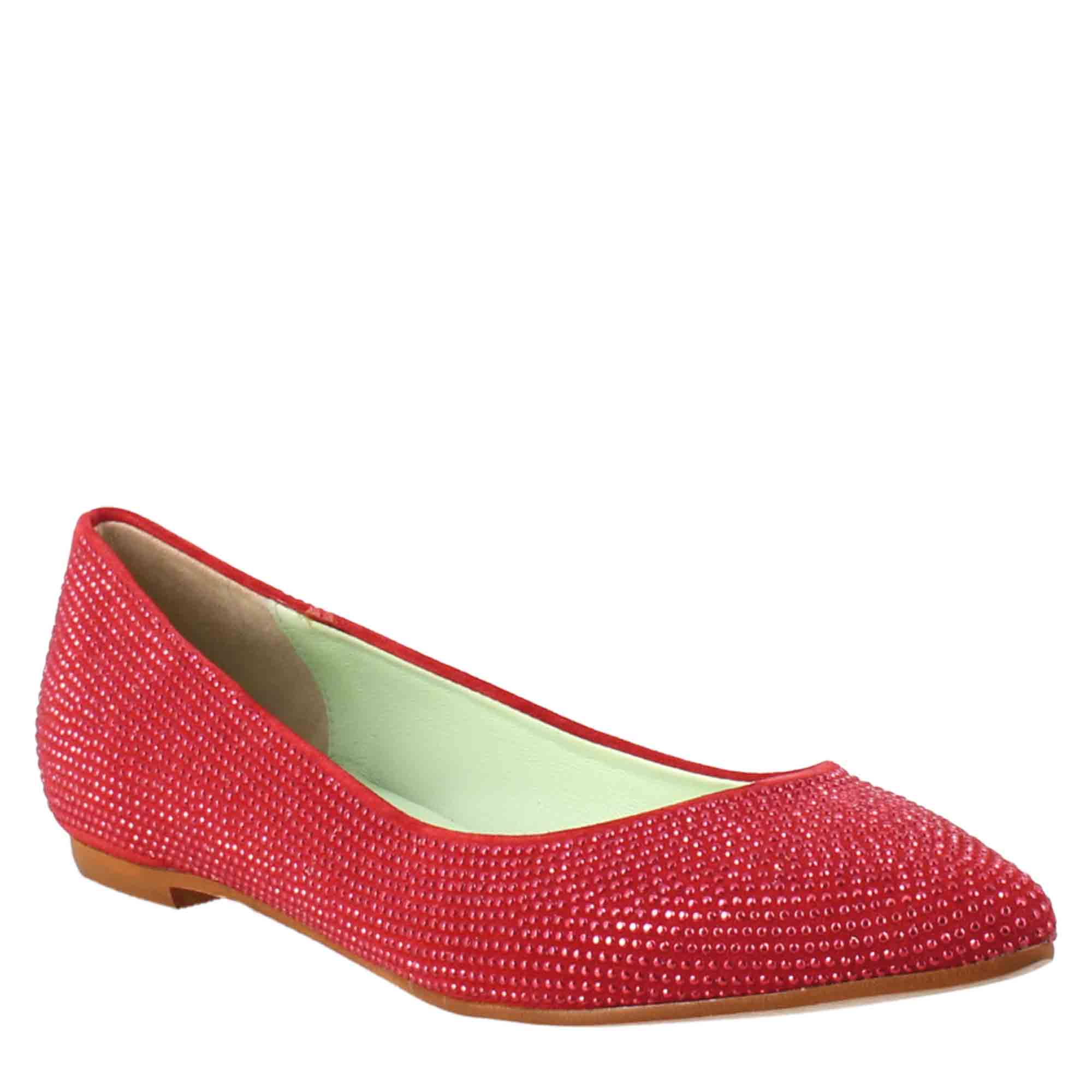 Ballerine da donna color rosso in pelle scamosciata con strass