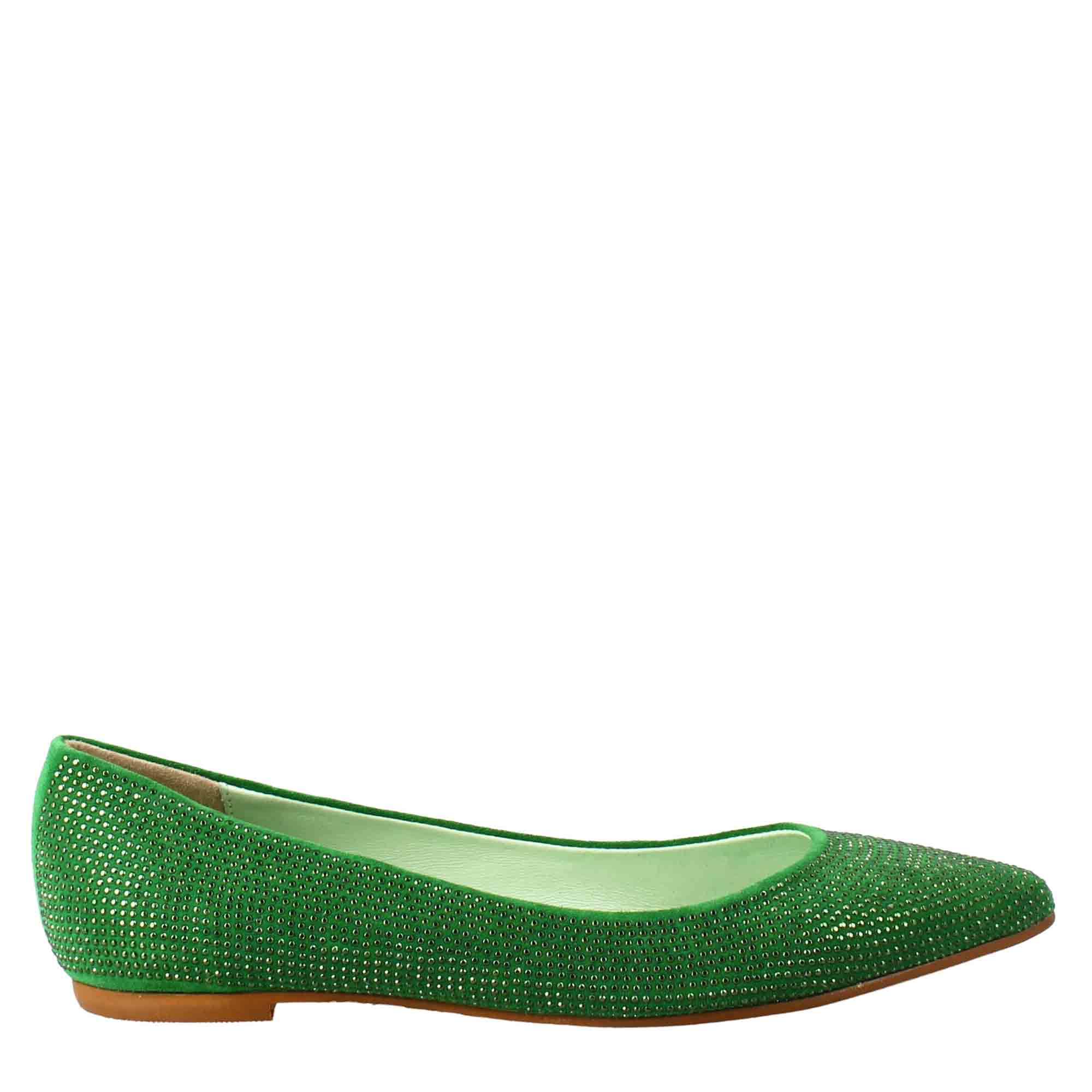 Women's green suede ballet flats with rhinestones