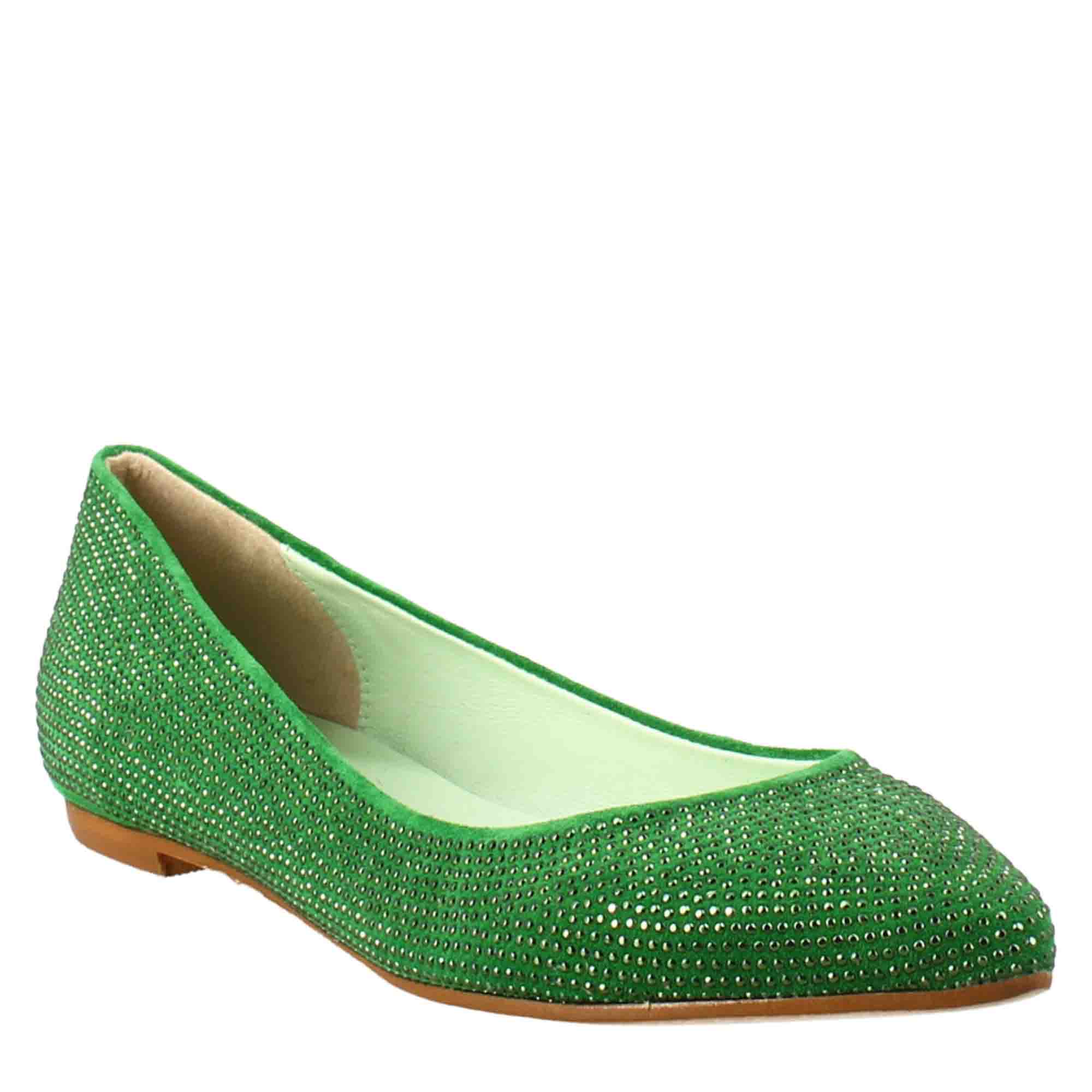 Ballerines femme en daim vert à strass