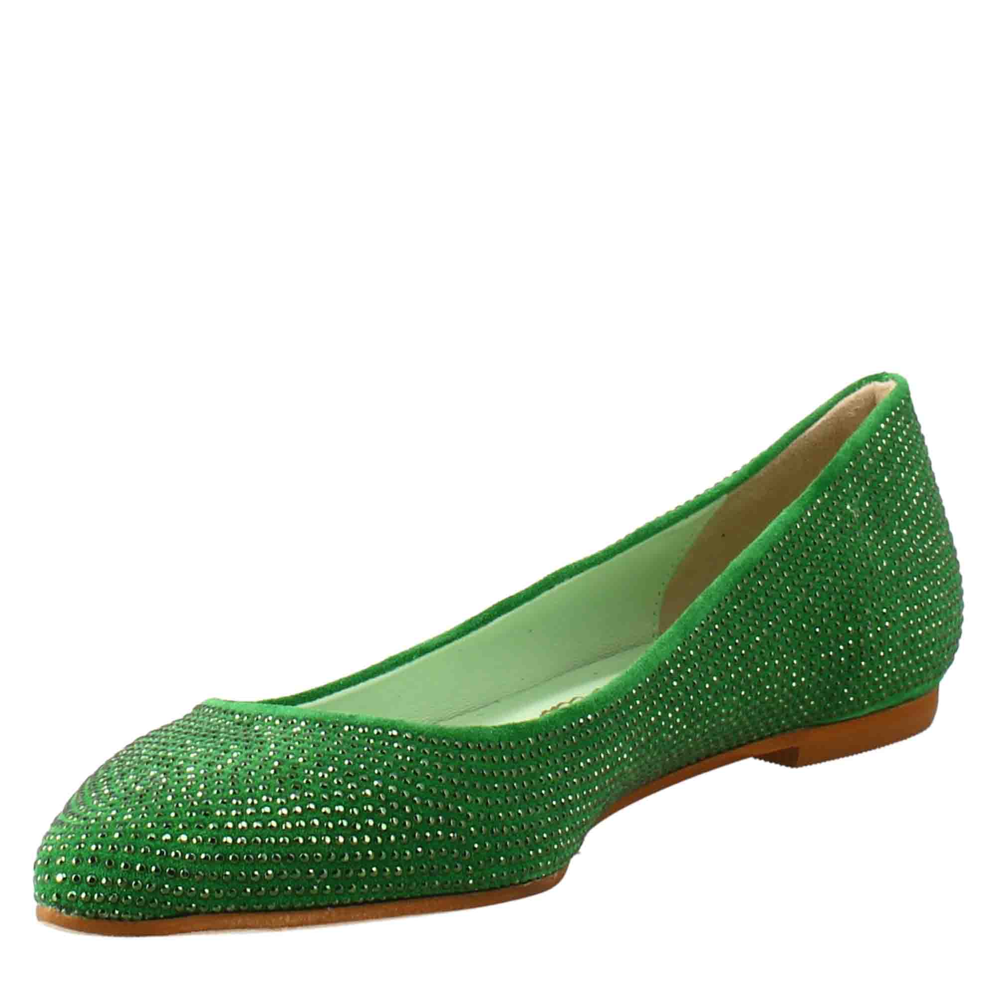 Women's green suede ballet flats with rhinestones