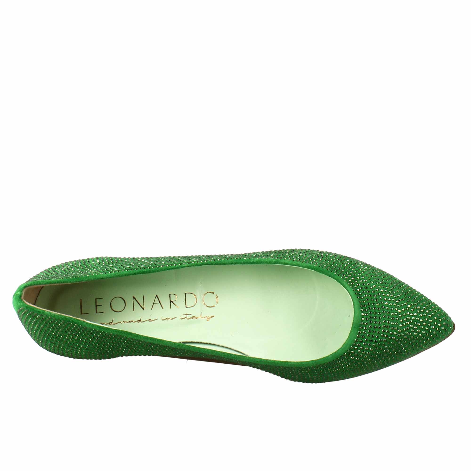 Women's green suede ballet flats with rhinestones