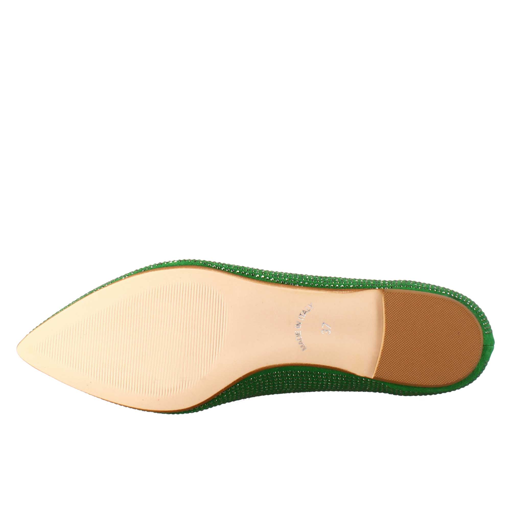 Women's green suede ballet flats with rhinestones