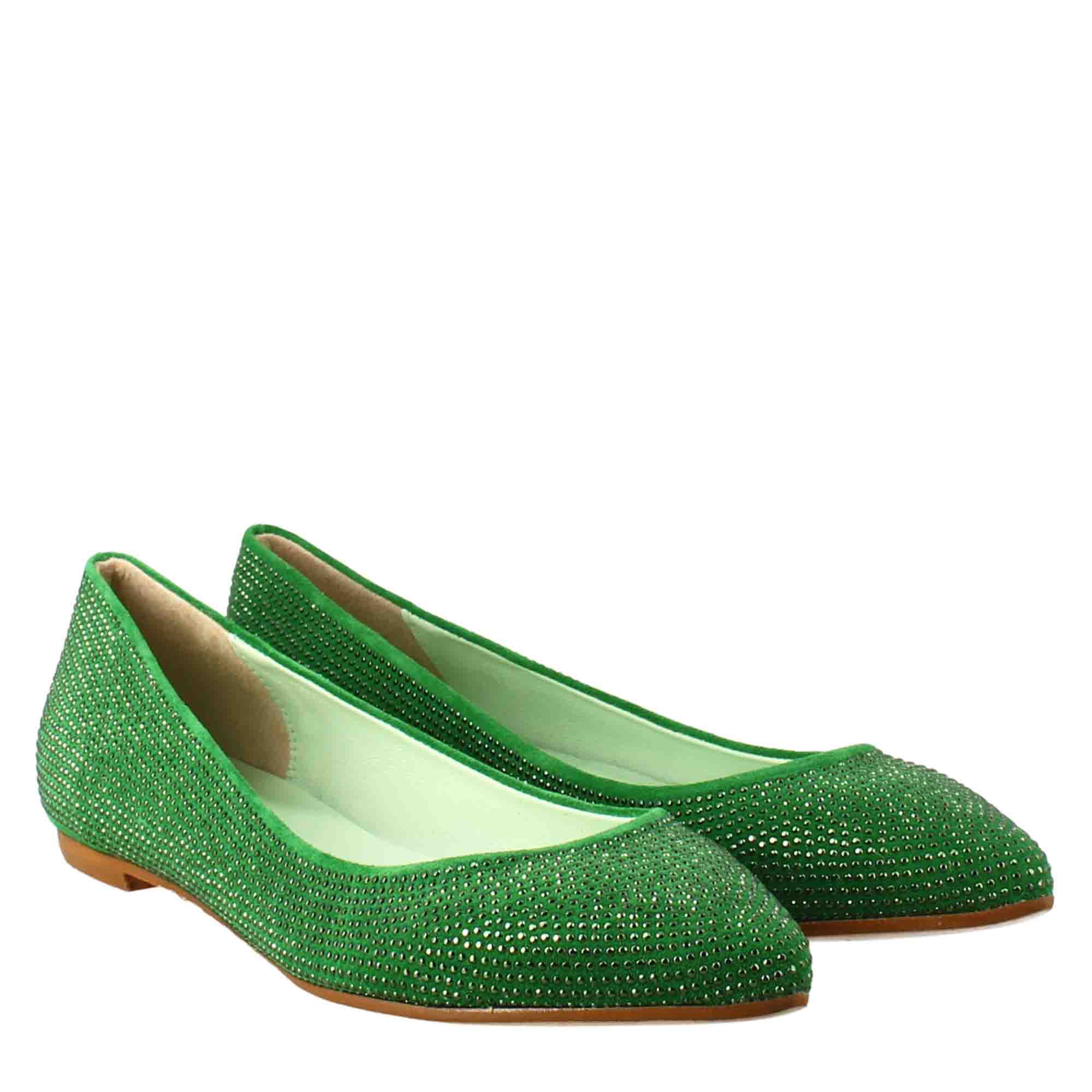 Women's green suede ballet flats with rhinestones