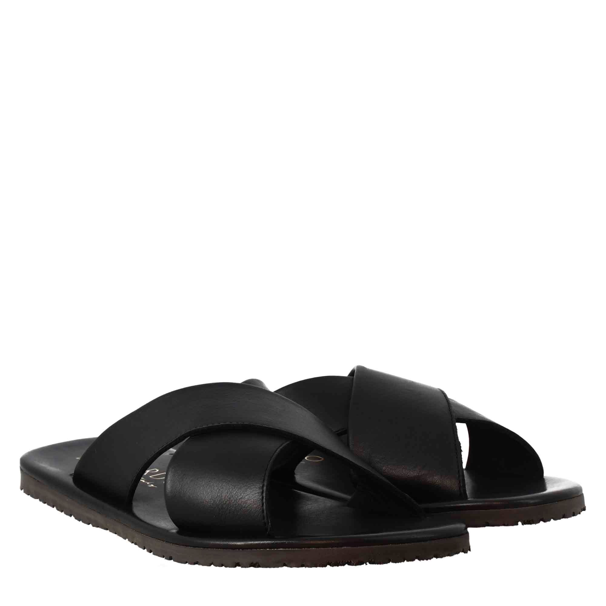 Men's handmade slipper sandals with crossed bands in black leather