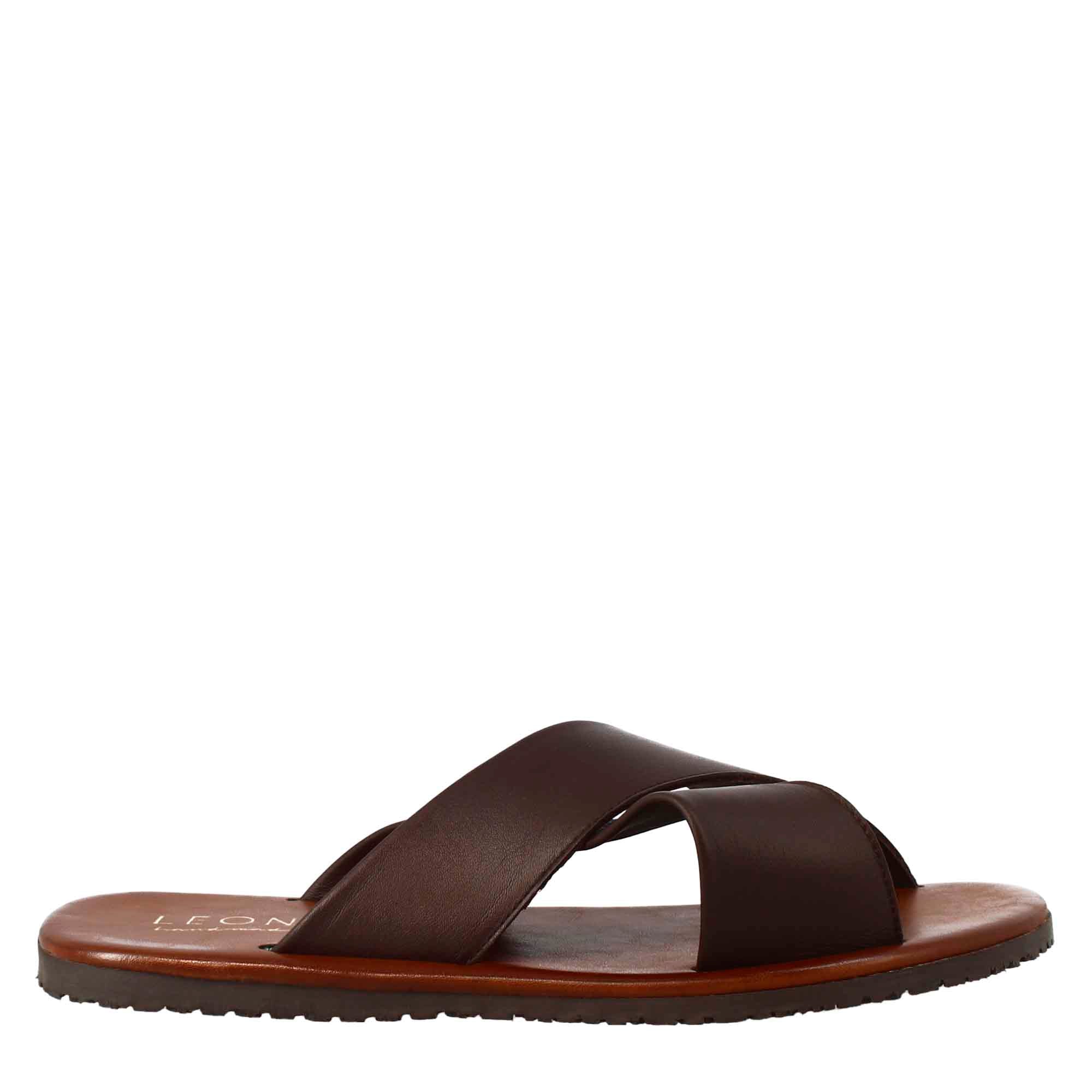 Men's handmade slipper sandals with crossed bands in brown leather