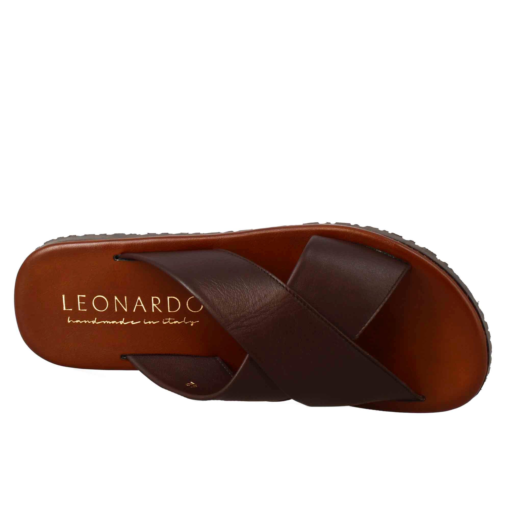 Men's handmade slipper sandals with crossed bands in brown leather