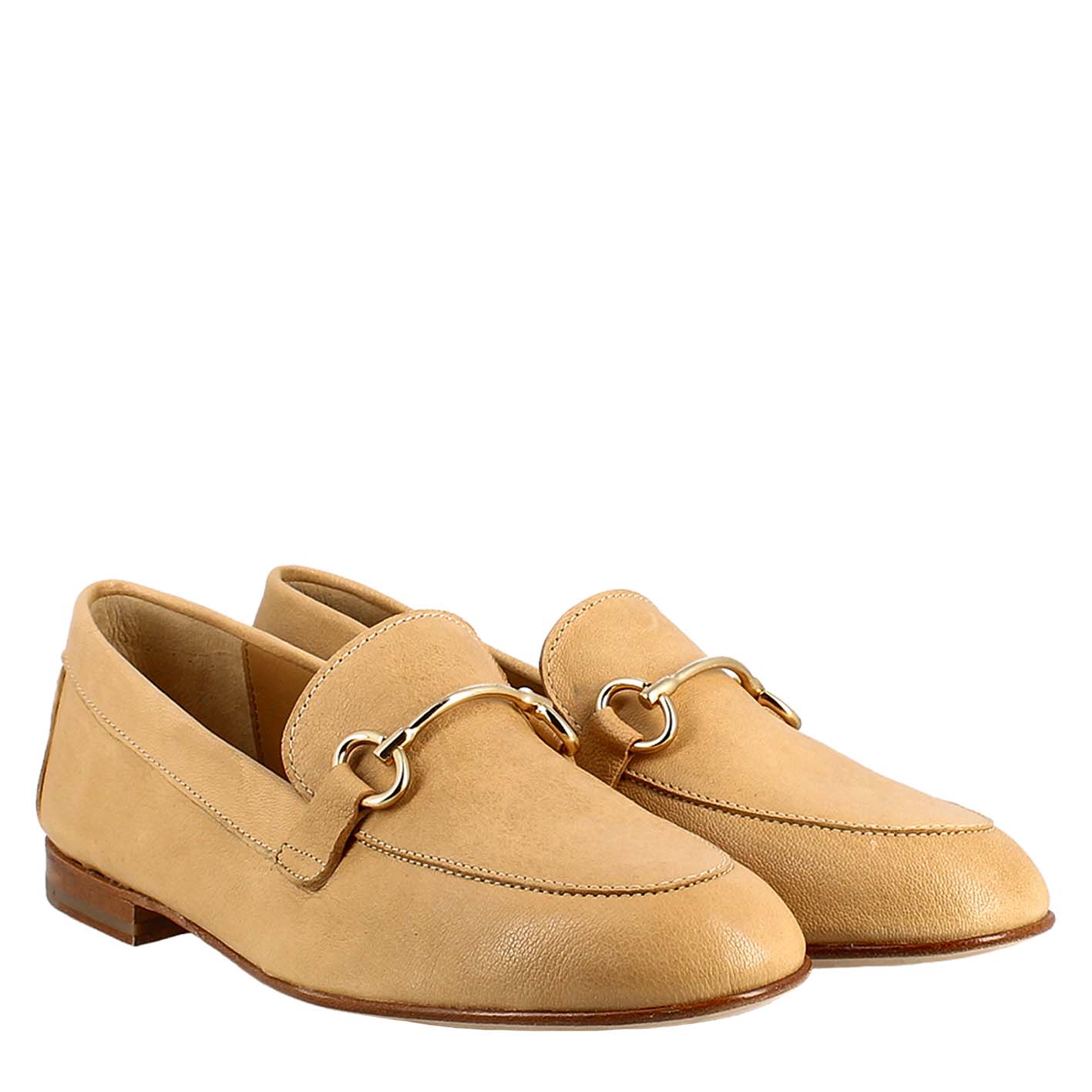 Mocassino da donna in pelle beige con morsetto oro