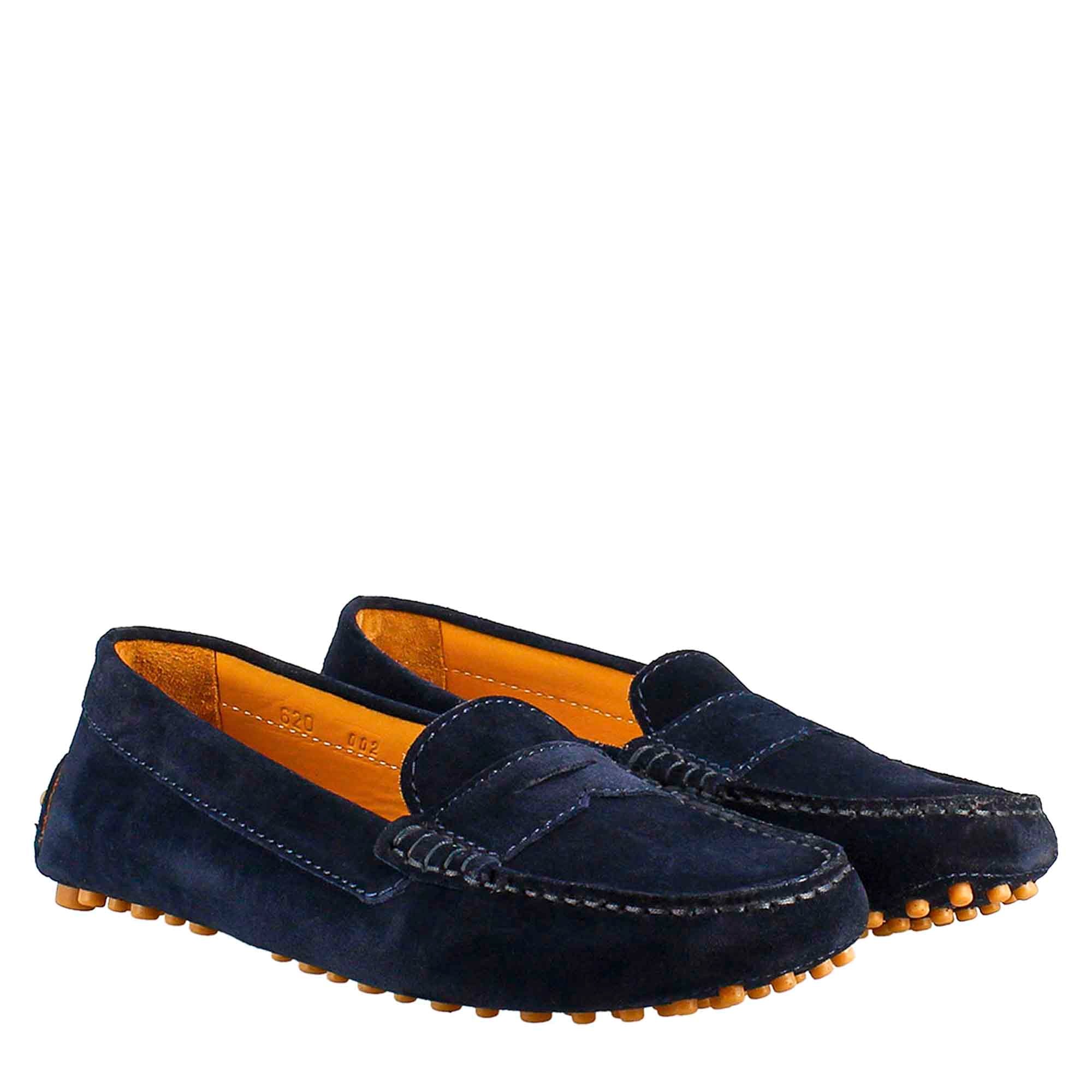 Tubular women's moccasin in blue leather