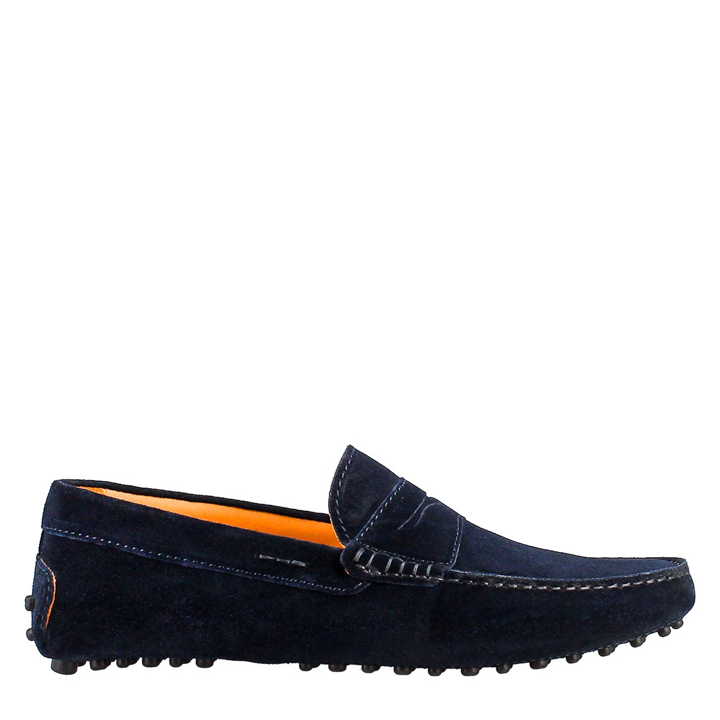 Handmade men's carshoe loafers in blue suede leather.