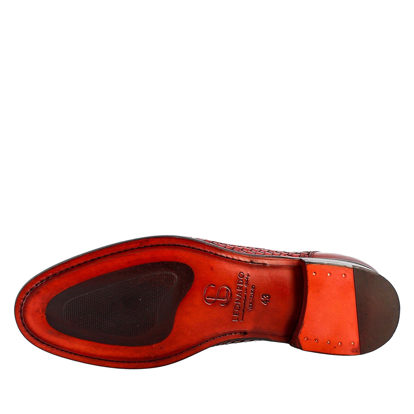 Elegant red moccasin for men in woven full grain leather