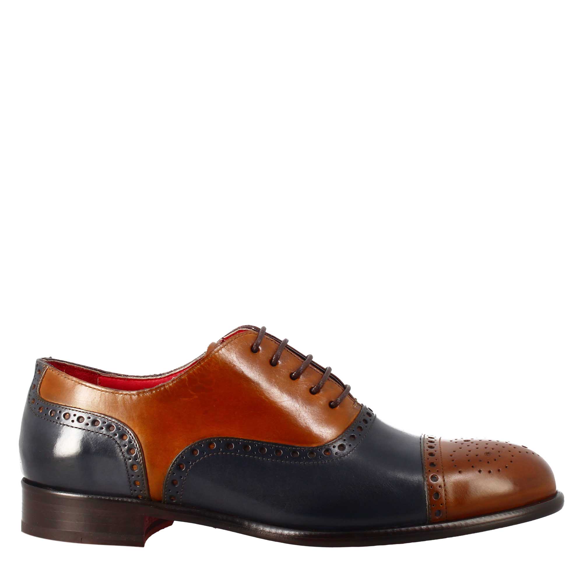 Richelieu semi brogue marron et bleu pour homme élégant en cuir