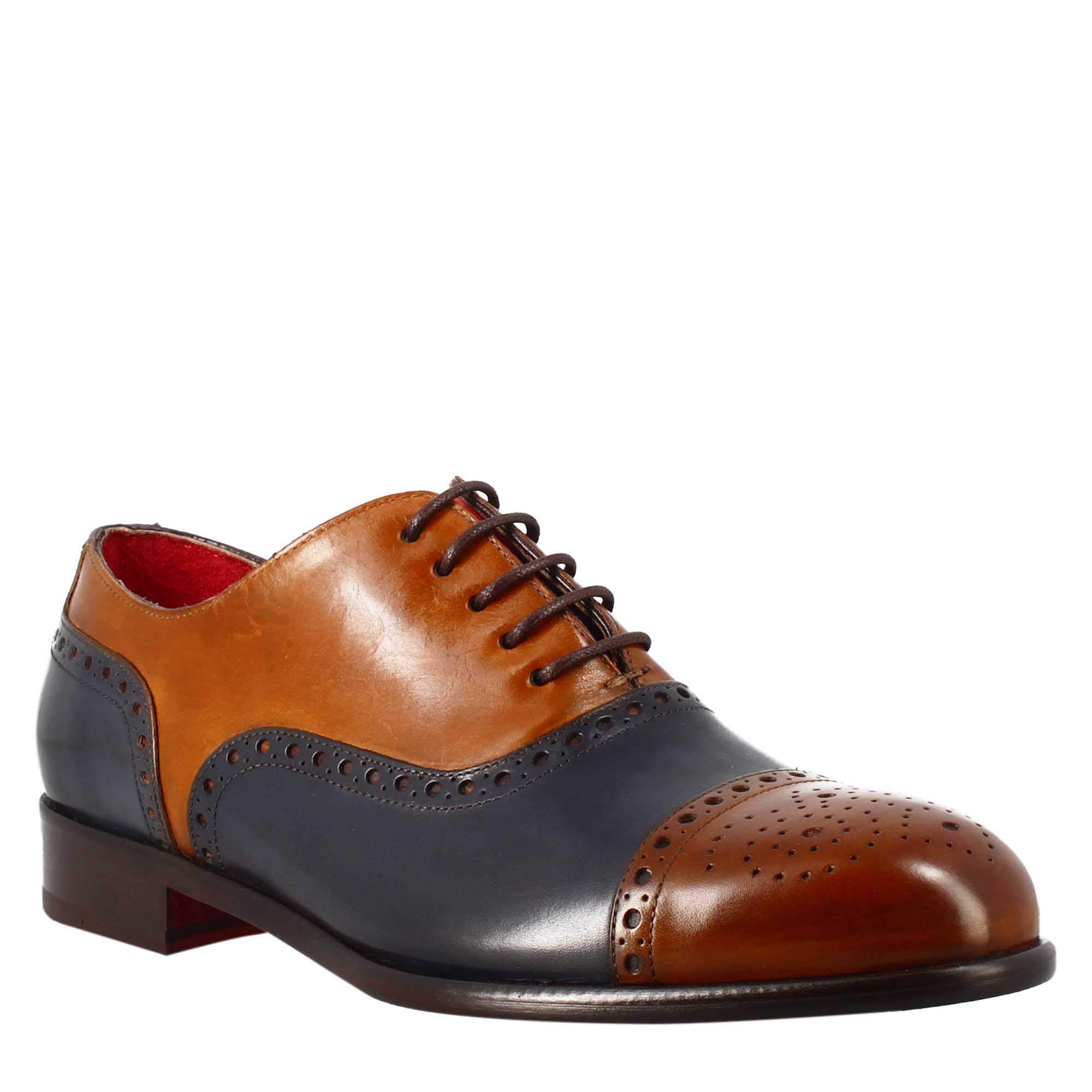 Richelieu semi brogue marron et bleu pour homme élégant en cuir