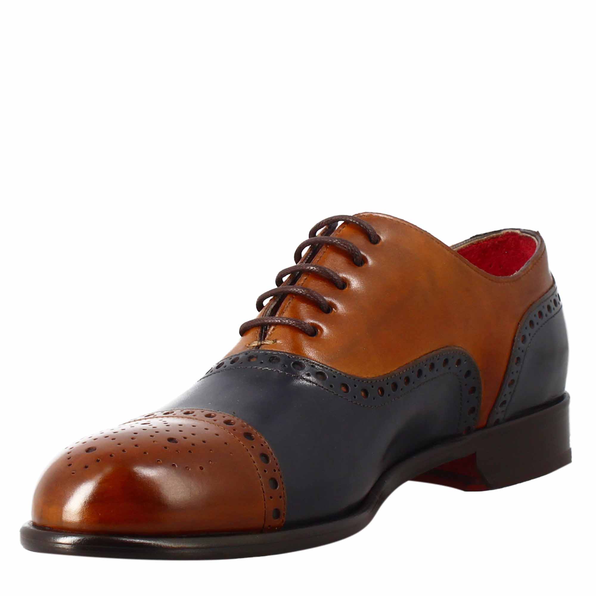 Richelieu semi brogue marron et bleu pour homme élégant en cuir