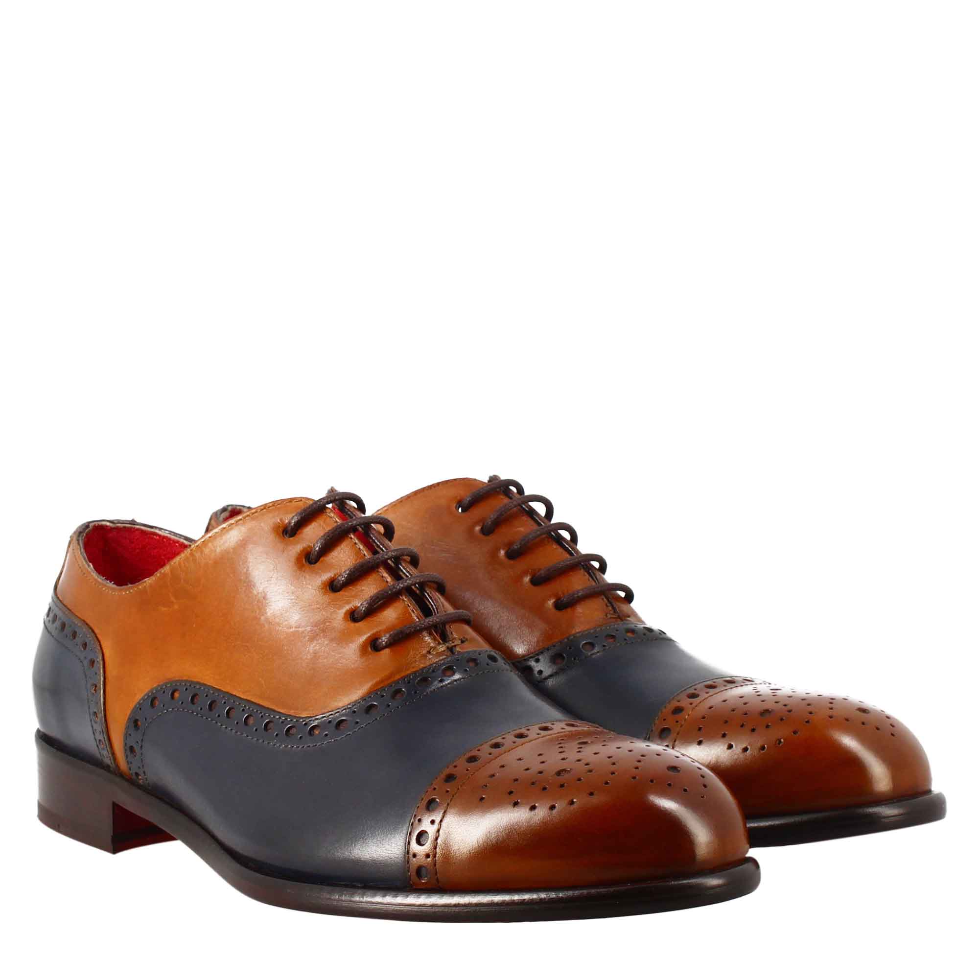 Richelieu semi brogue marron et bleu pour homme élégant en cuir