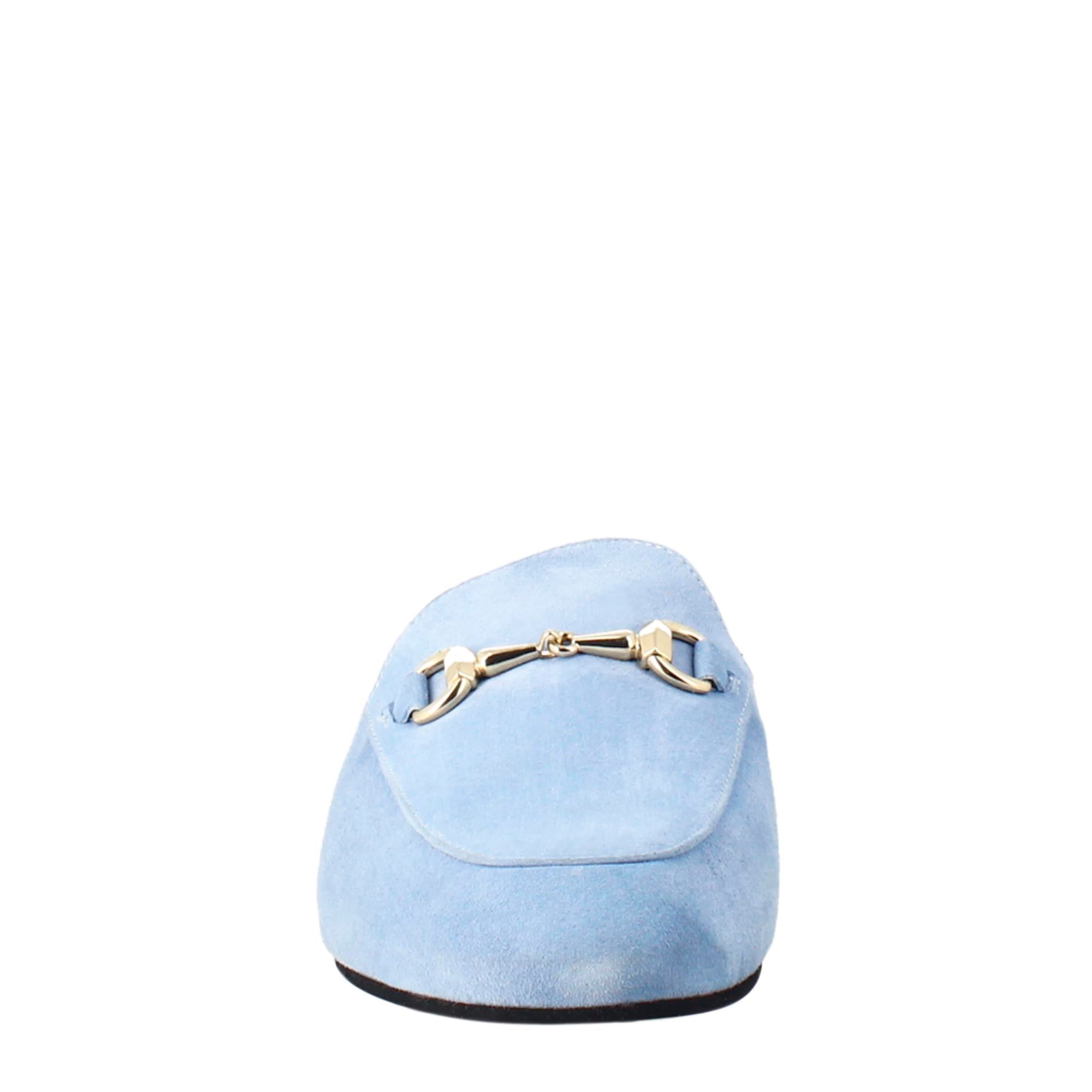 Women's sabot in light blue suede with gold buckle