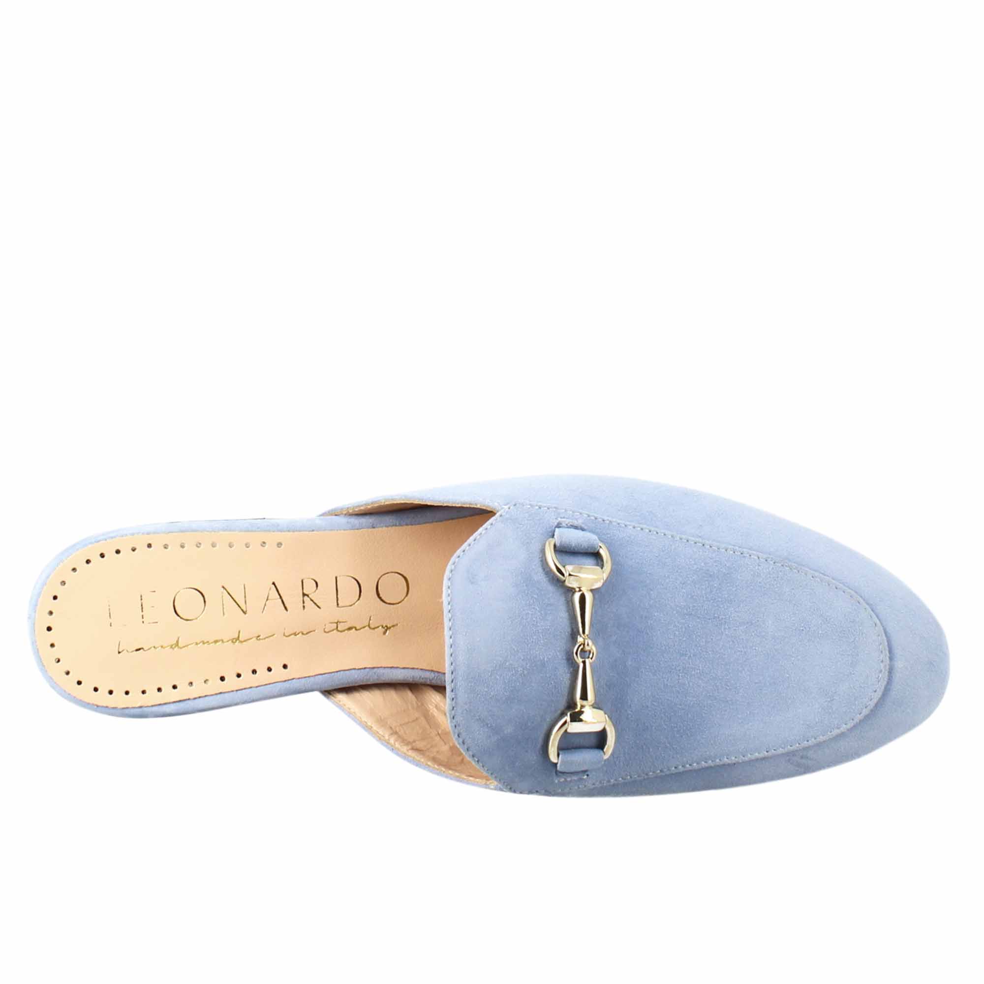 Women's sabot in light blue suede with gold buckle