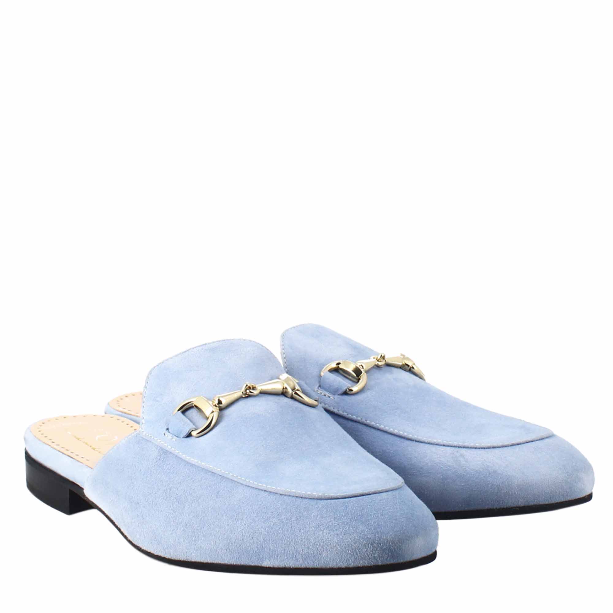 Women's sabot in light blue suede with gold buckle