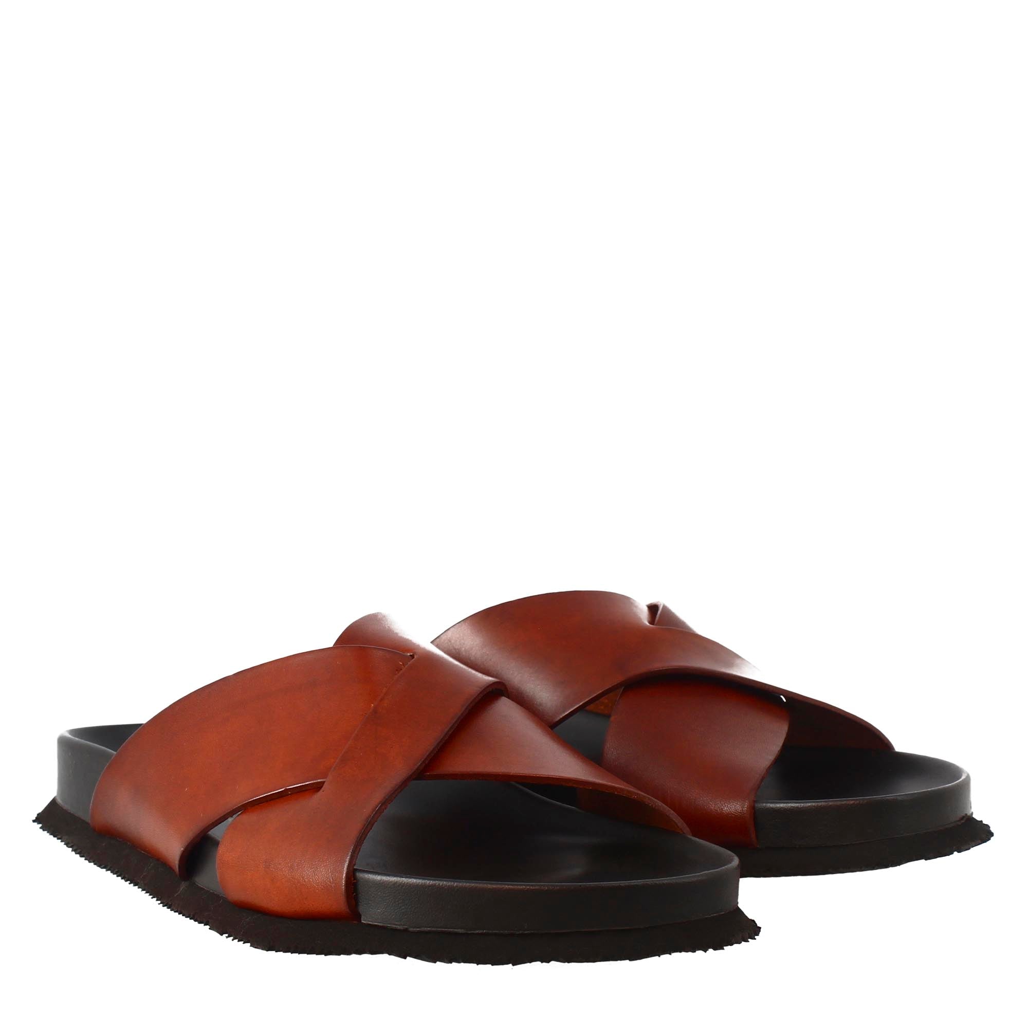 Open back brown leather men's sandals