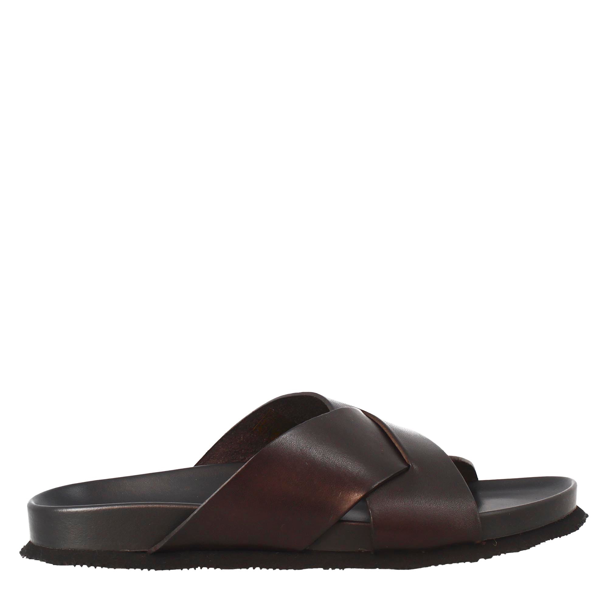 Dark brown men's sandals in leather with open back