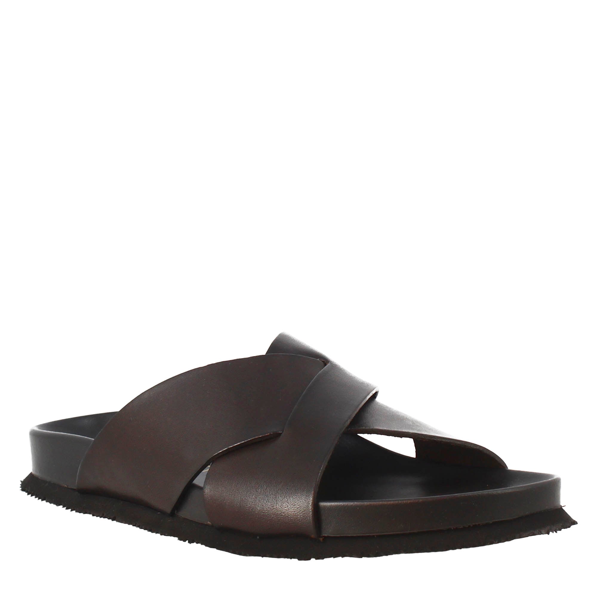 Dark brown men's sandals in leather with open back