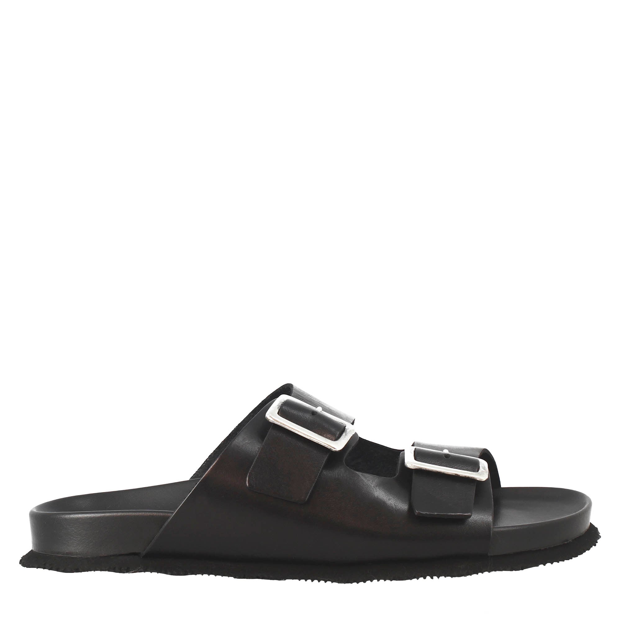 Men's black double buckle sandals in leather open on the back