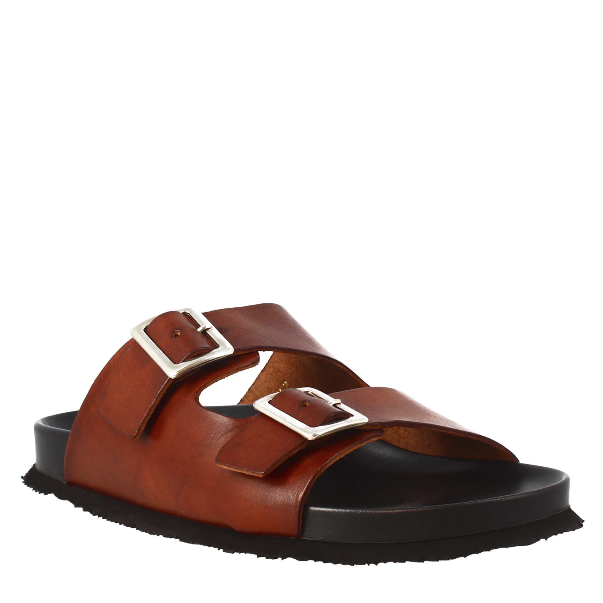 Brown double buckle sandals for men in leather open on the back