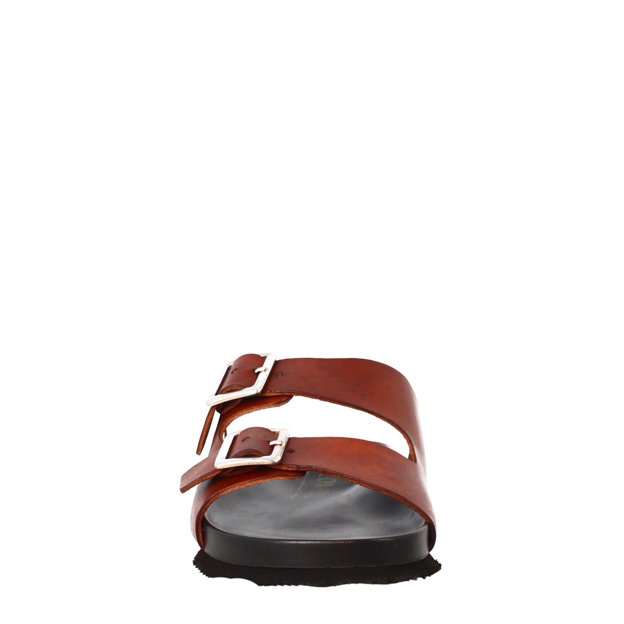 Brown double buckle sandals for men in leather open on the back