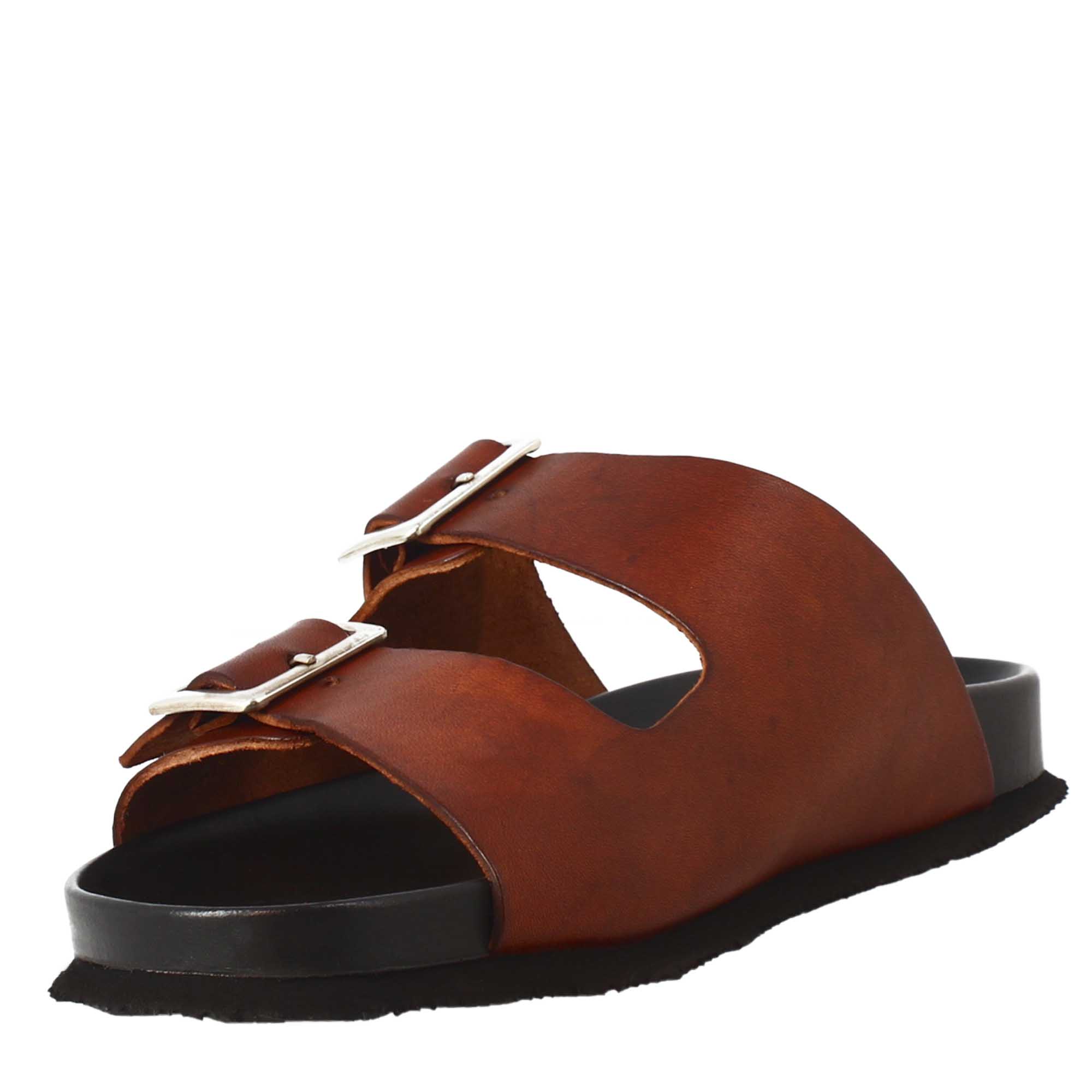 Brown double buckle sandals for men in leather open on the back