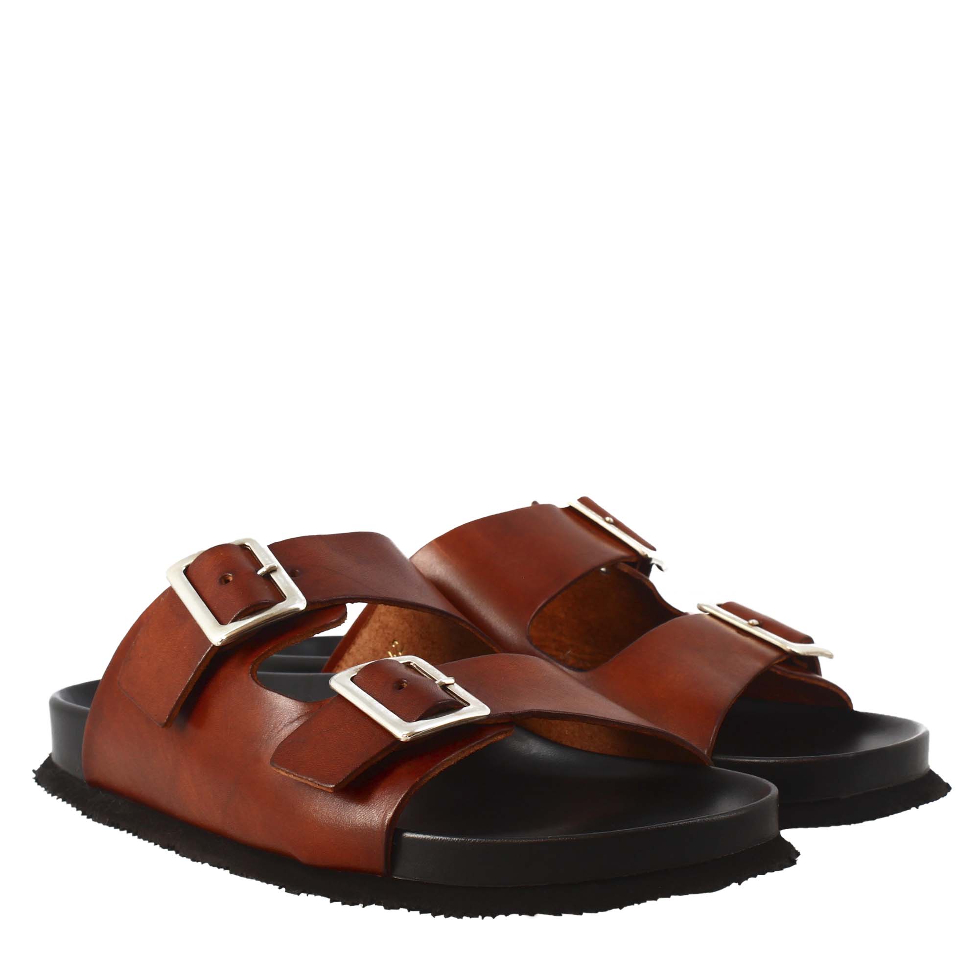 Brown double buckle sandals for men in leather open on the back