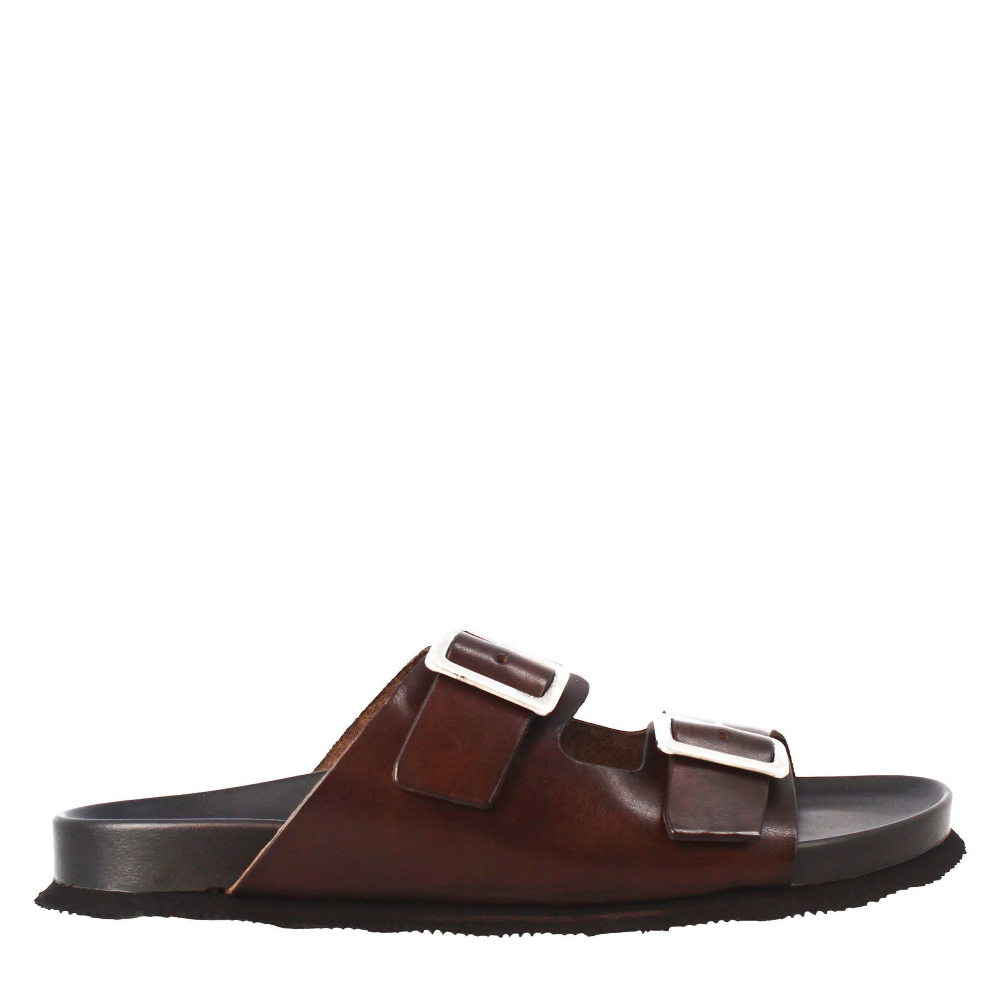 Men's dark brown double buckle sandals in leather open on the back