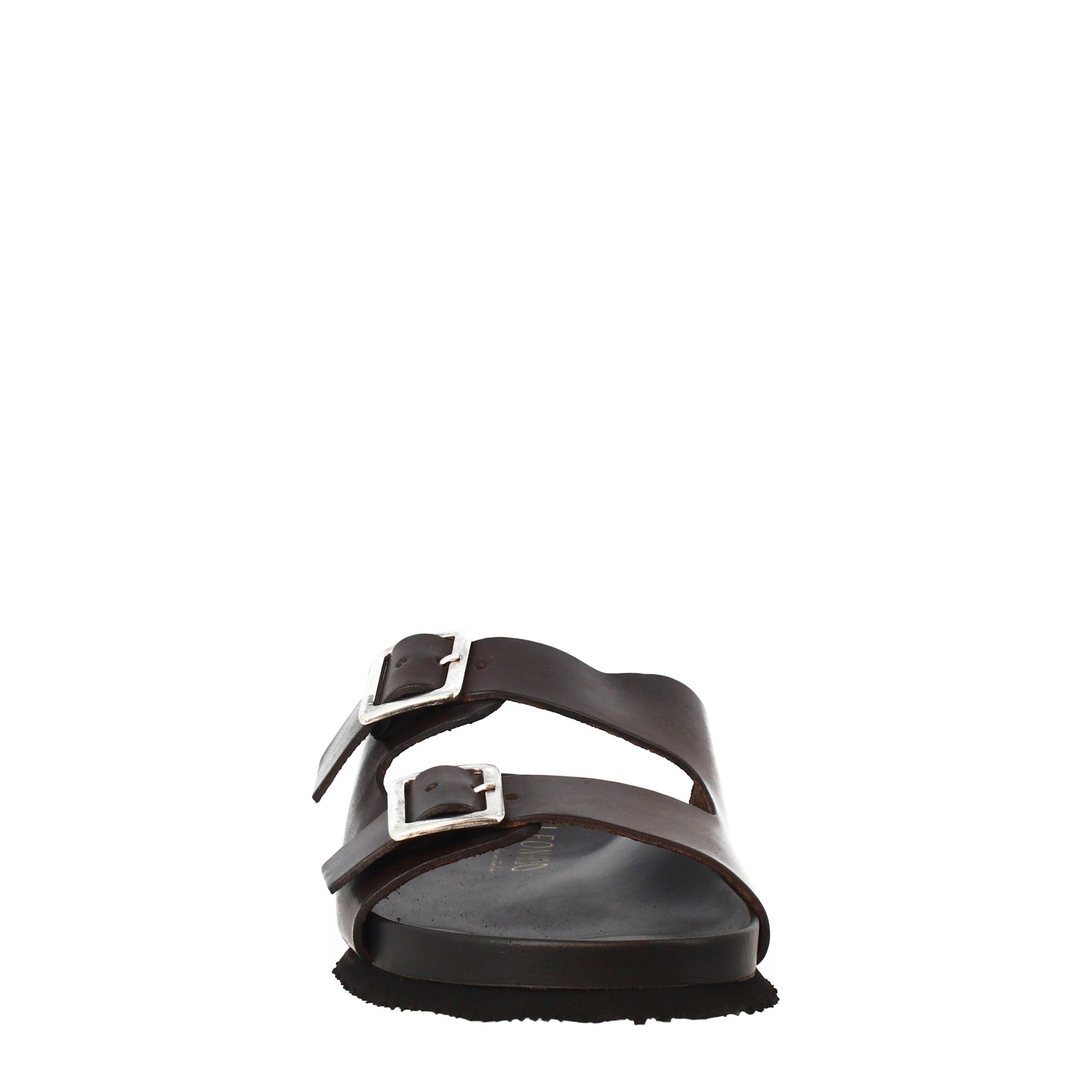 Men's dark brown double buckle sandals in leather open on the back