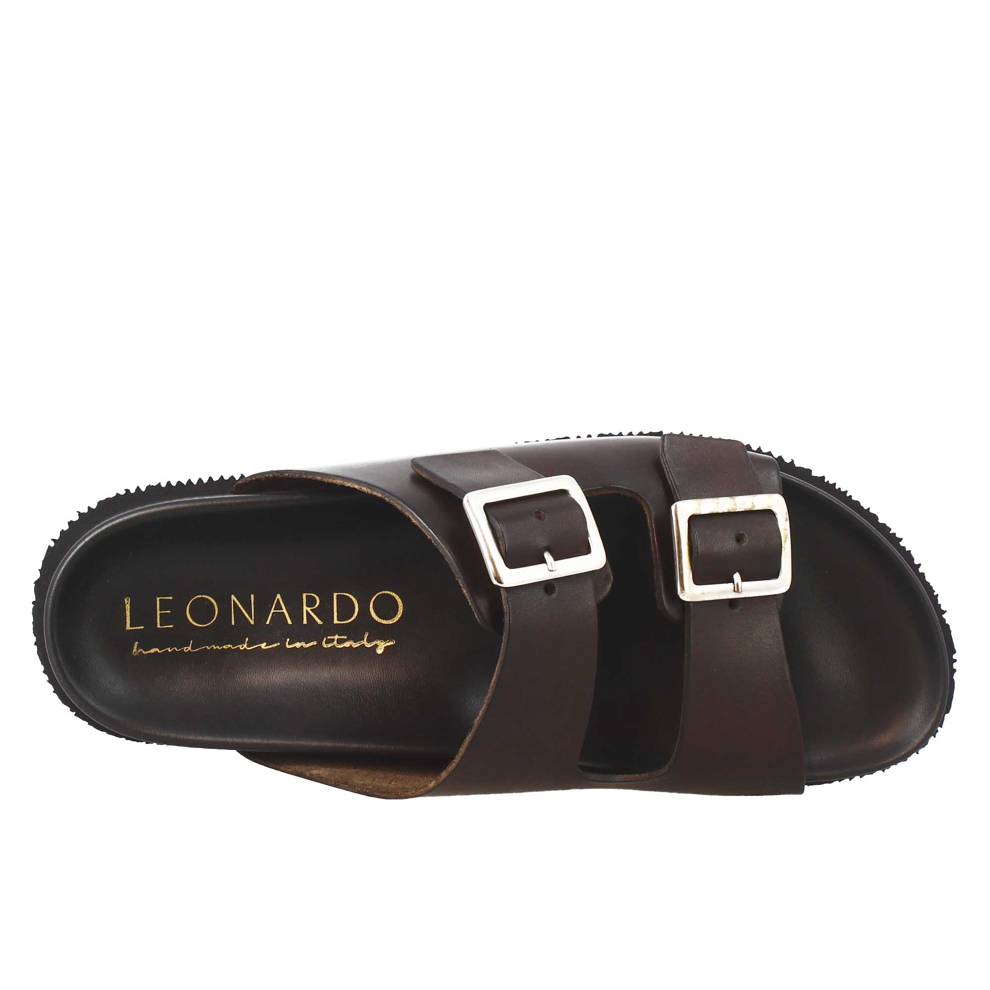 Men's dark brown double buckle sandals in leather open on the back