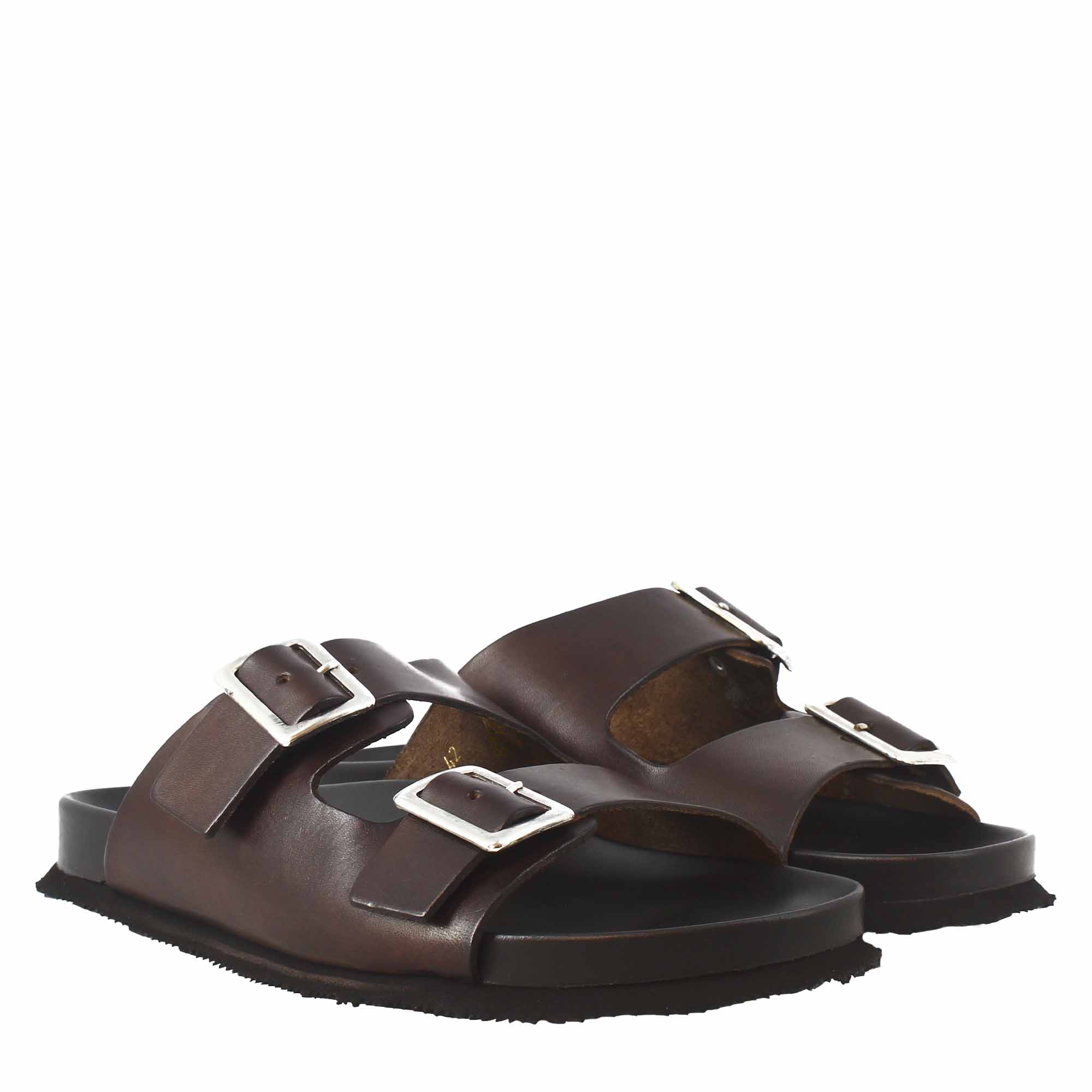 Men's dark brown double buckle sandals in leather open on the back