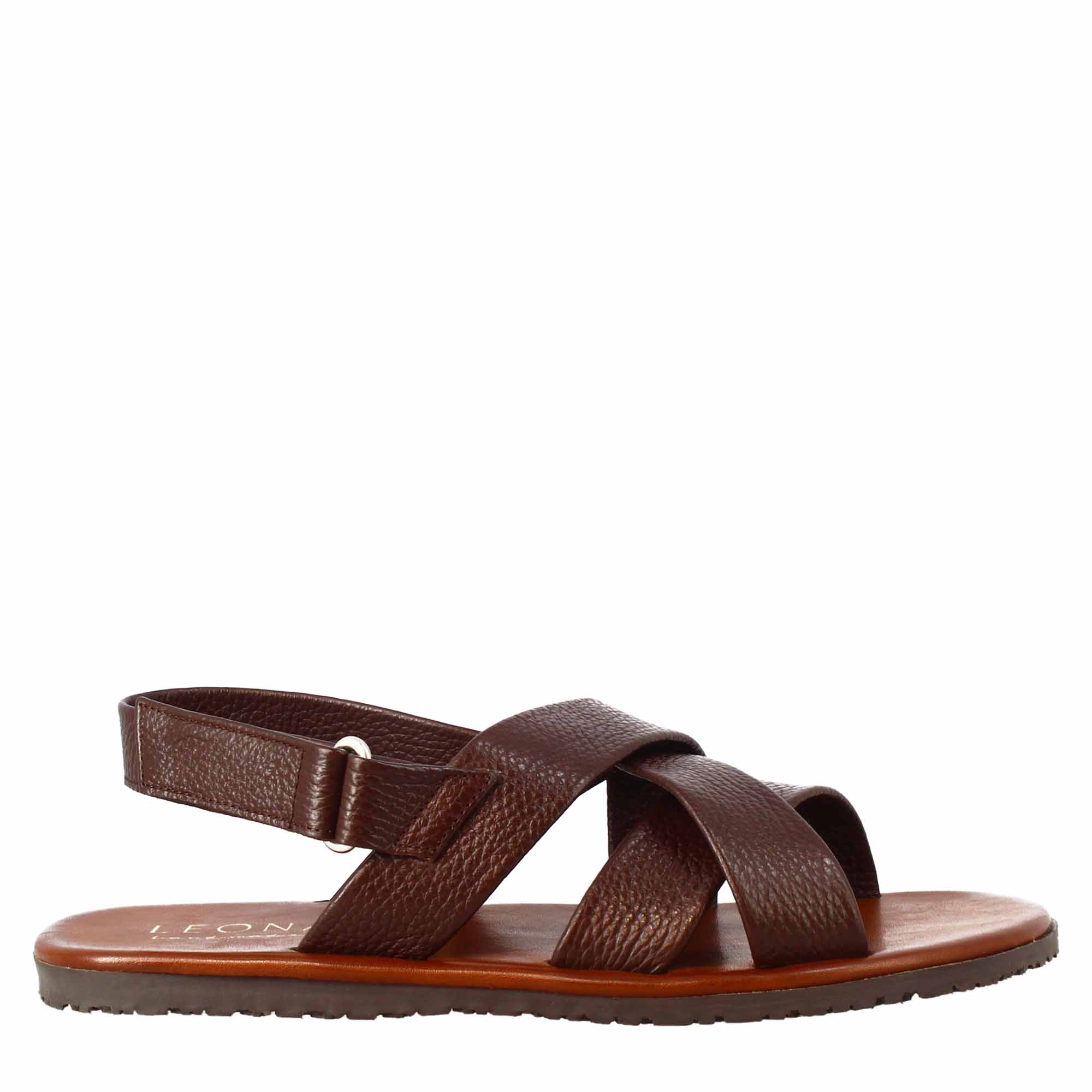 Handmade men's sandals in brown leather with velcro closure