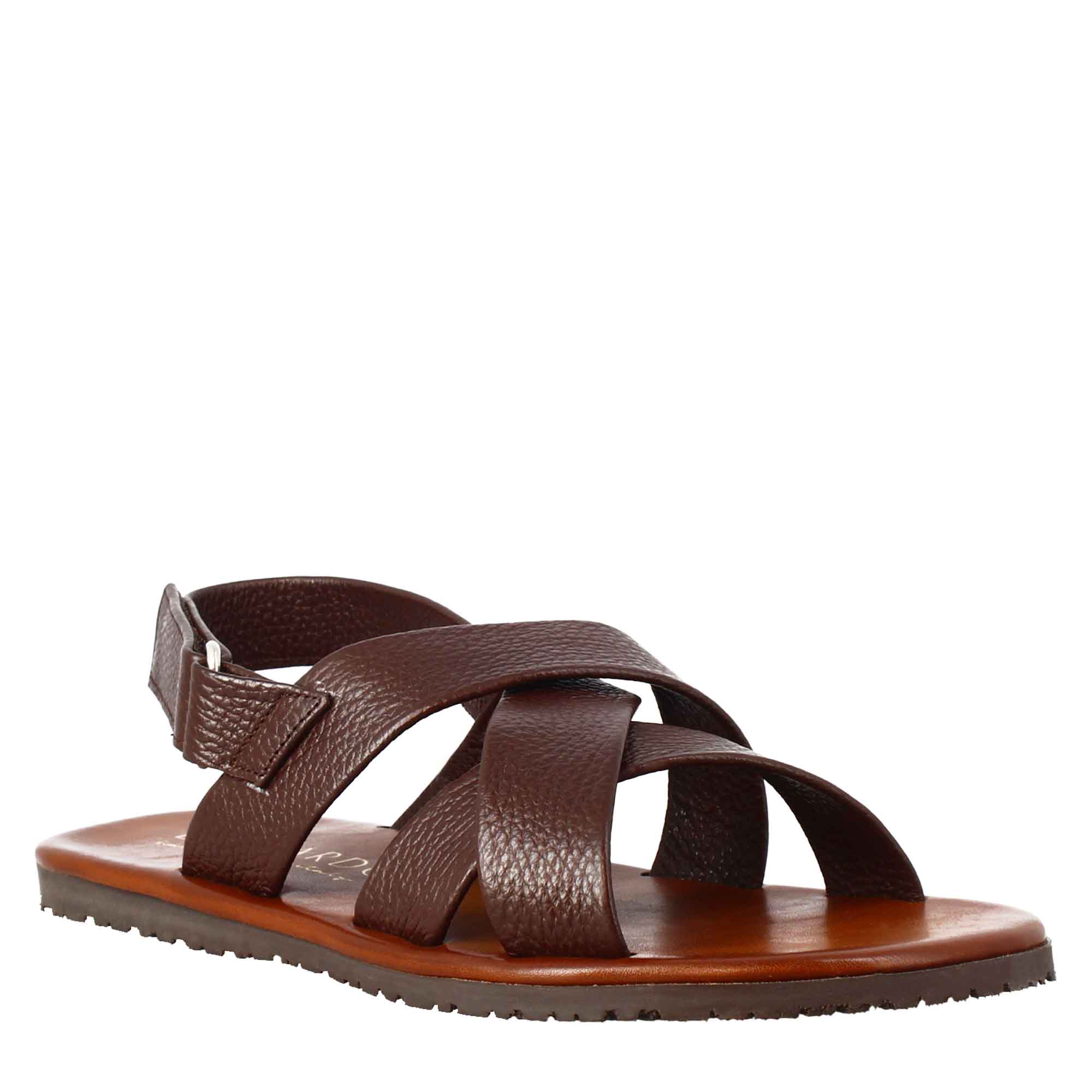 Handmade men's sandals in brown leather with velcro closure