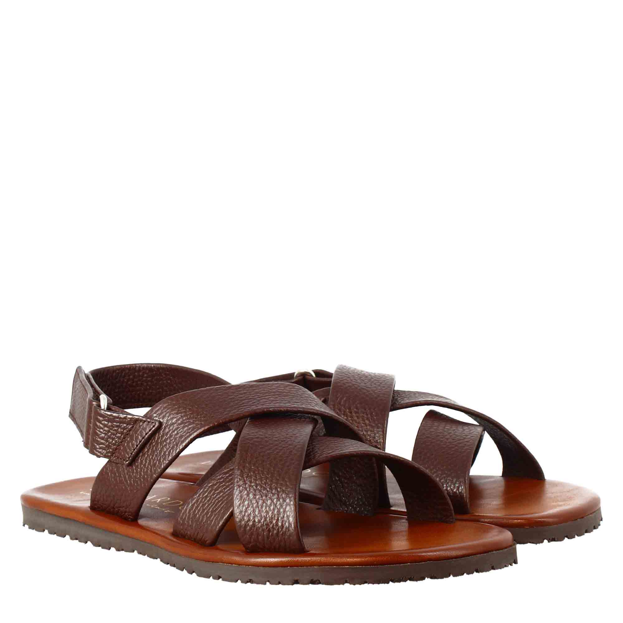 Handmade men's sandals in brown leather with velcro closure