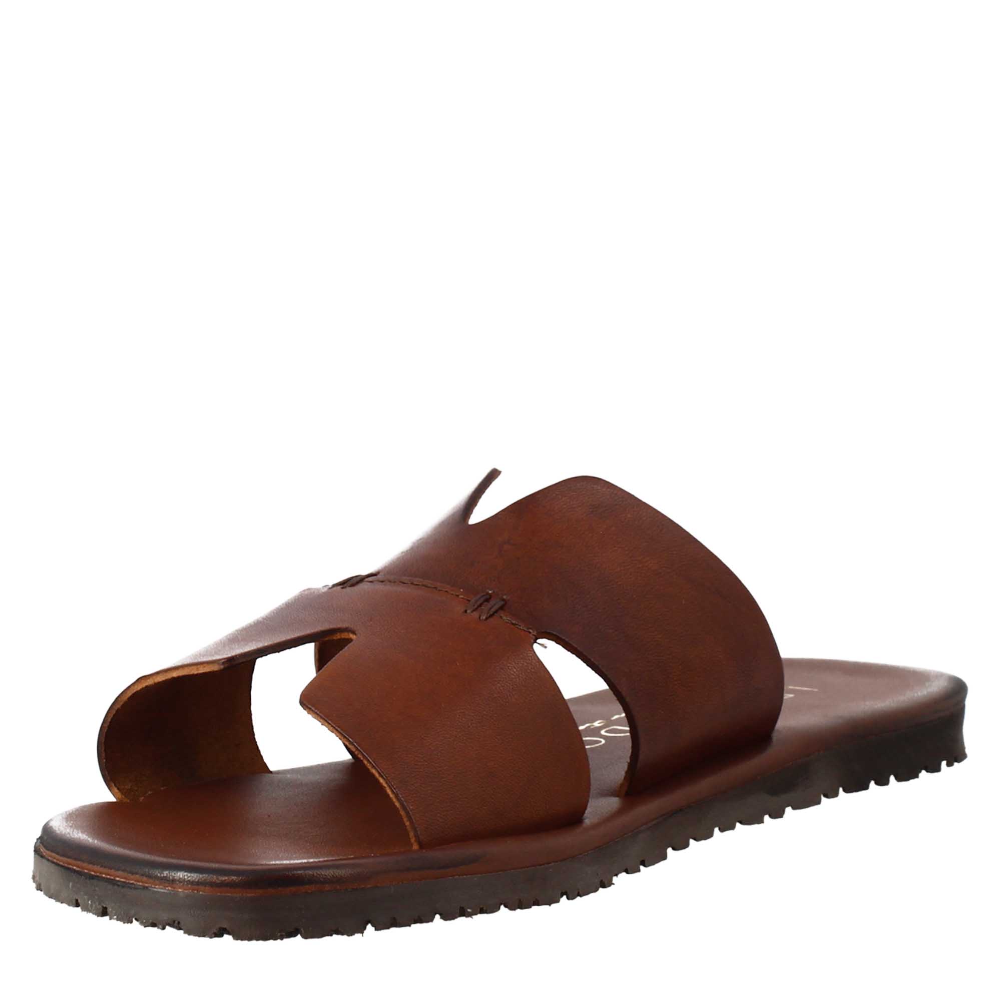 Men's H-shaped sandals in brown leather