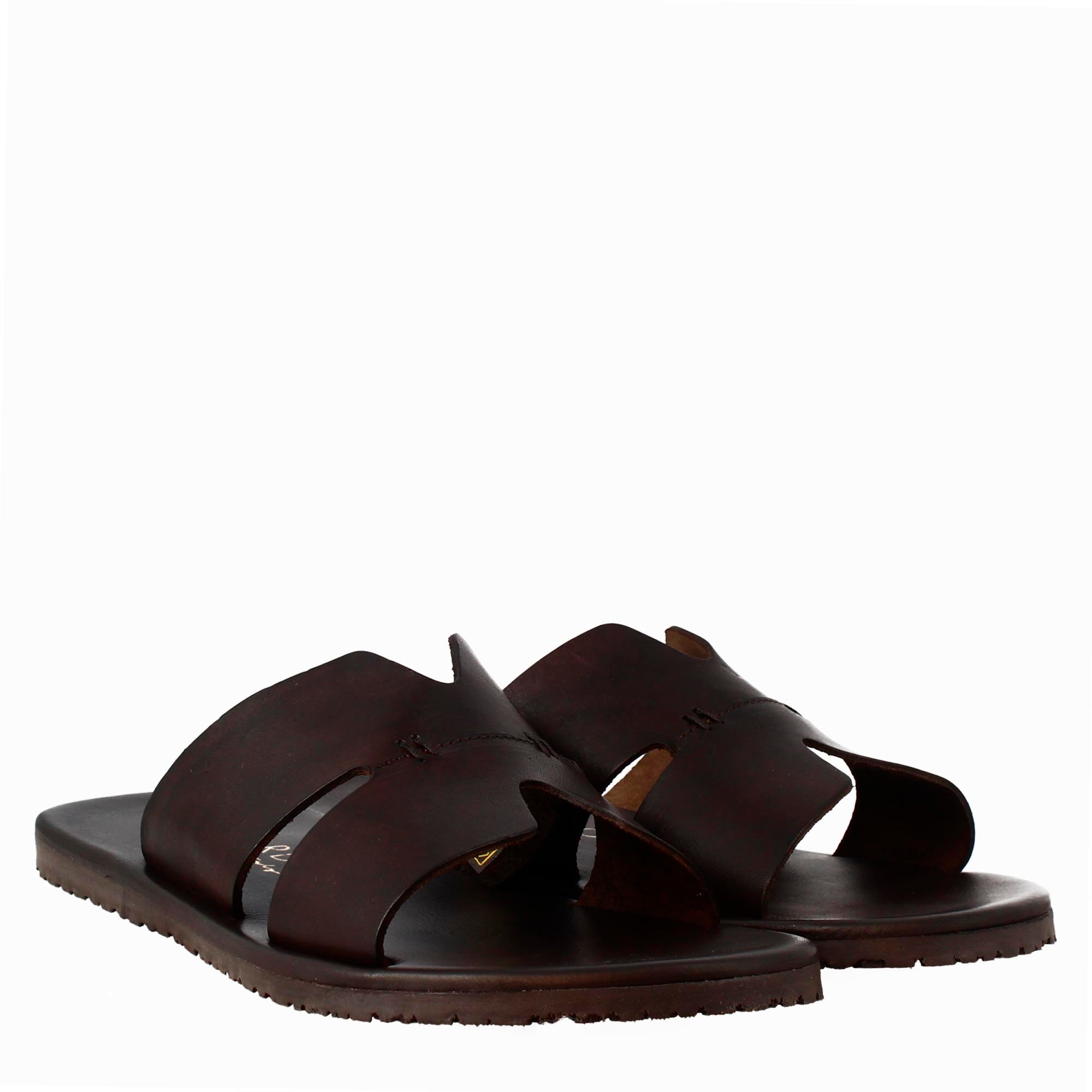 Men's H-shaped sandals in dark brown leather