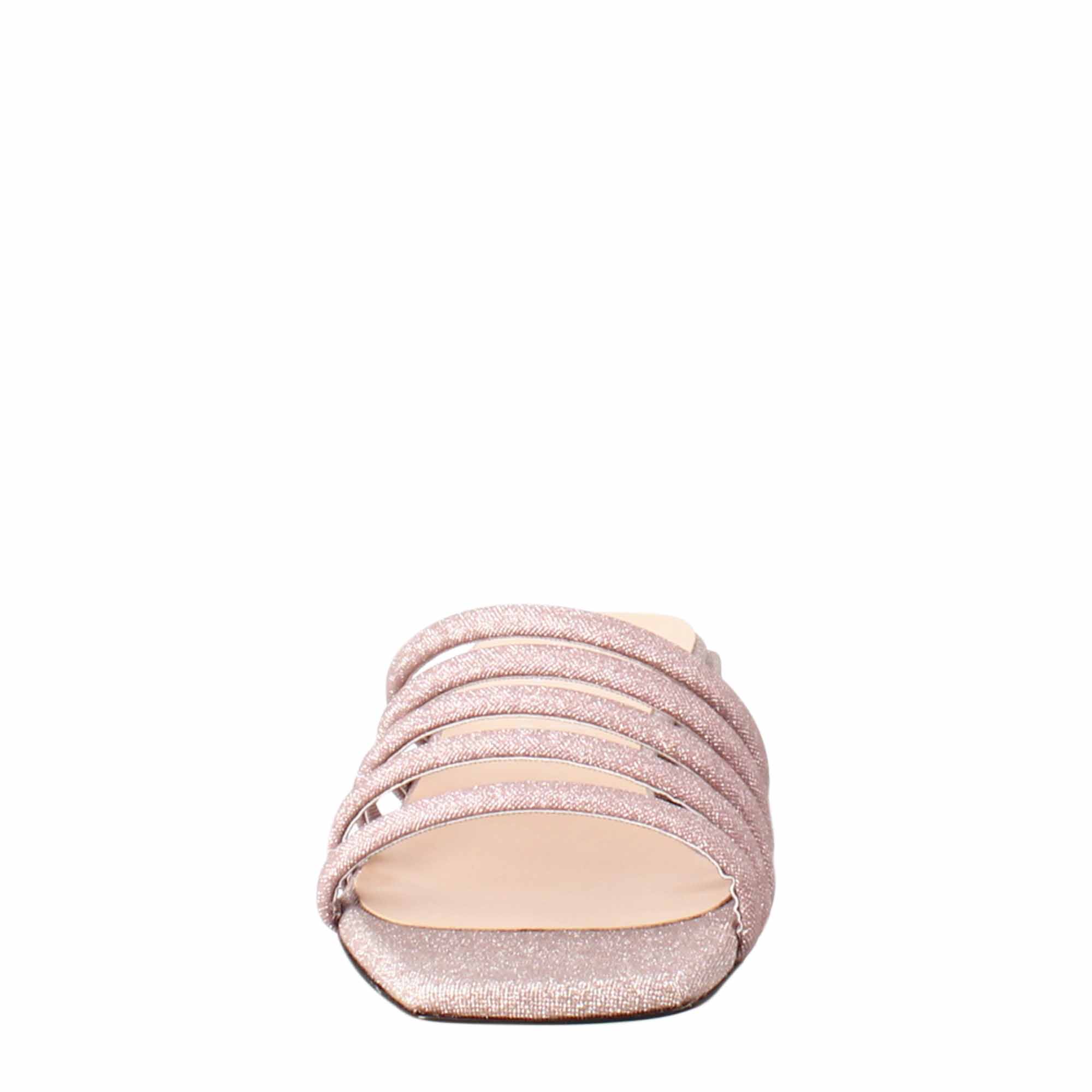 Square-shaped women's sandal in pink leather with glitter